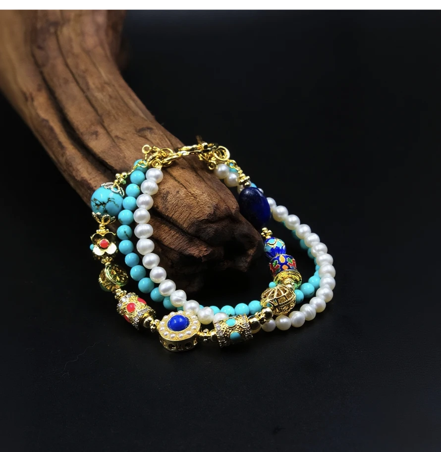 Multicolored Tibetan Energy Healing  beaded bracelet on a wooden surface with a dark background