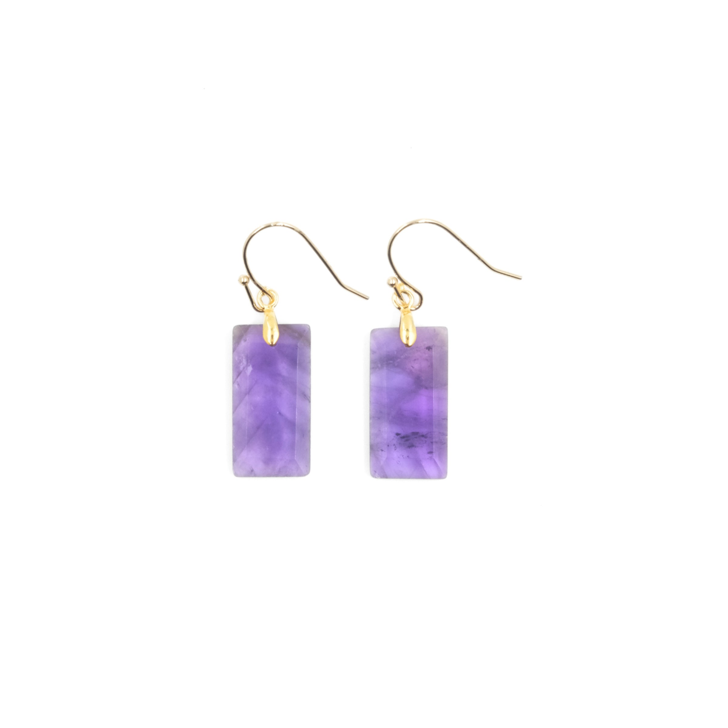 A pair of Tibetan Feng Shui Crystal Earrings. Each earring features a rectangular amethyst gemstone, showcasing a beautiful range of purple hues. The amethyst is attached to a gold - toned hook. These earrings are believed to enhance focus, bring emotional balance, and provide energetic protection. 