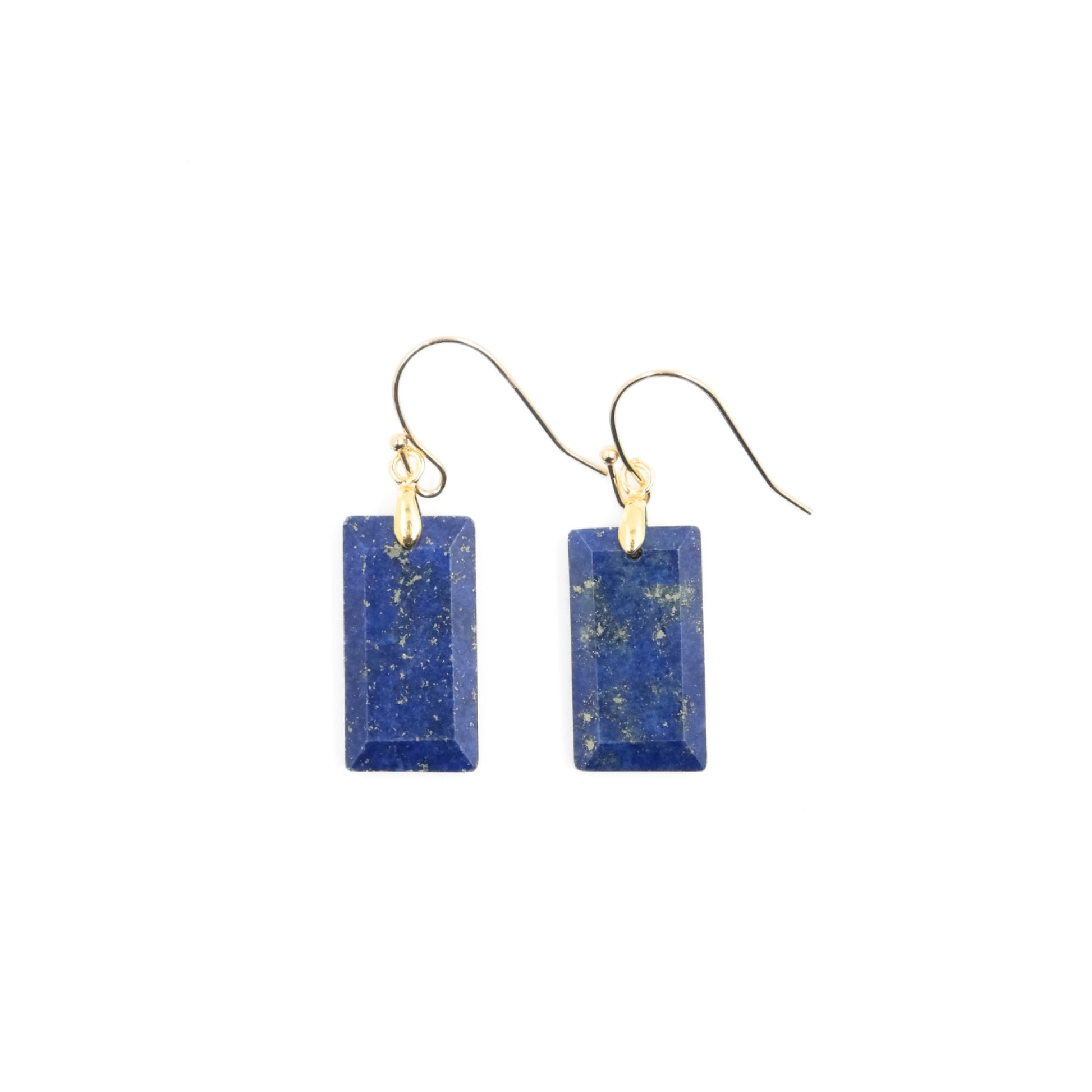 A pair of Tibetan Feng Shui Crystal Earrings. These earrings feature rectangular lapis lazuli gemstones, exhibiting a deep blue color speckled with golden flecks. Each lapis lazuli stone is attached to a delicate gold - toned hook. Believed to offer protection, purification, and enhance overall well - being, these earrings are both stylish and spiritually significant. 
