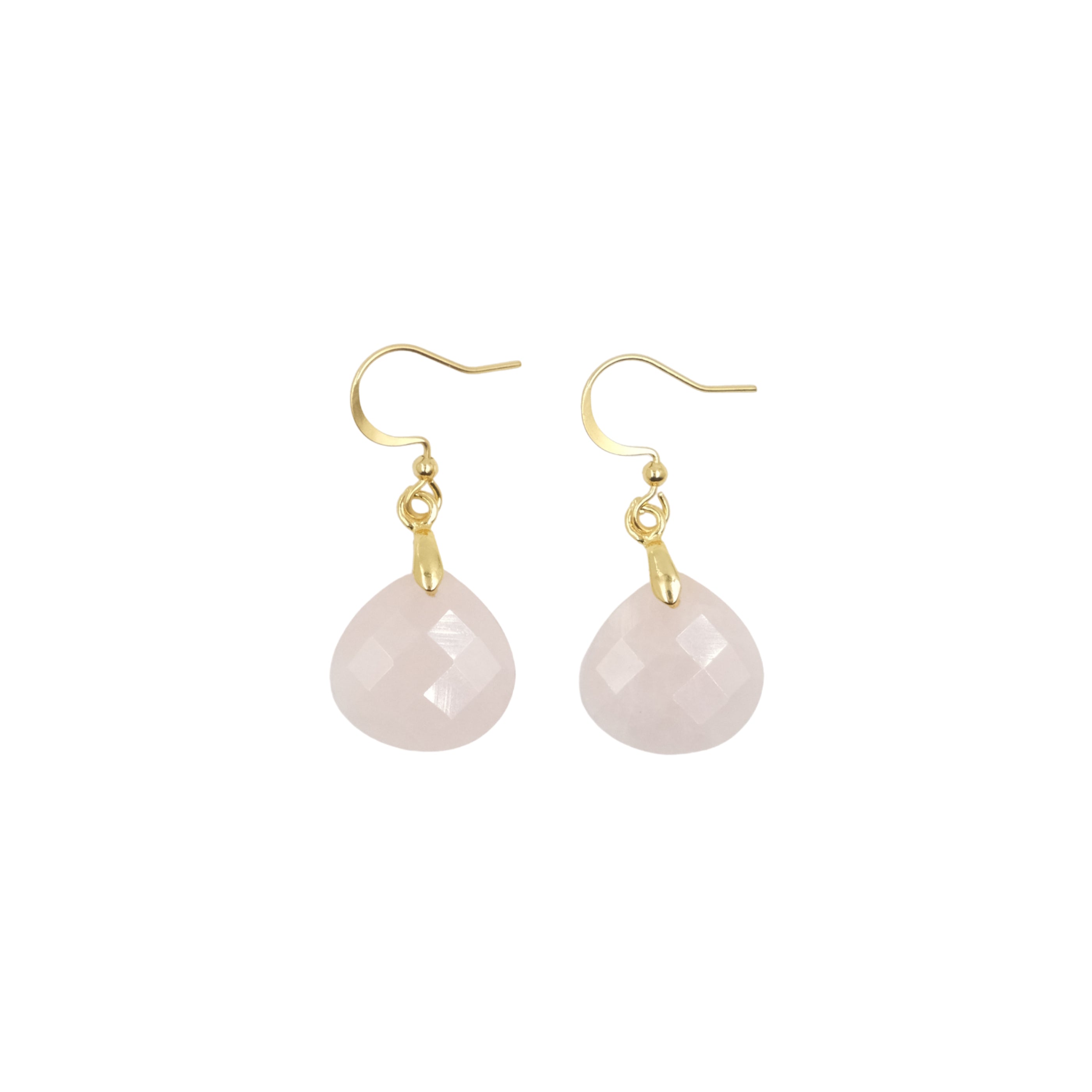 Pair of Tibetan Feng Shui Drop Earrings with Rose Quartz on a white background