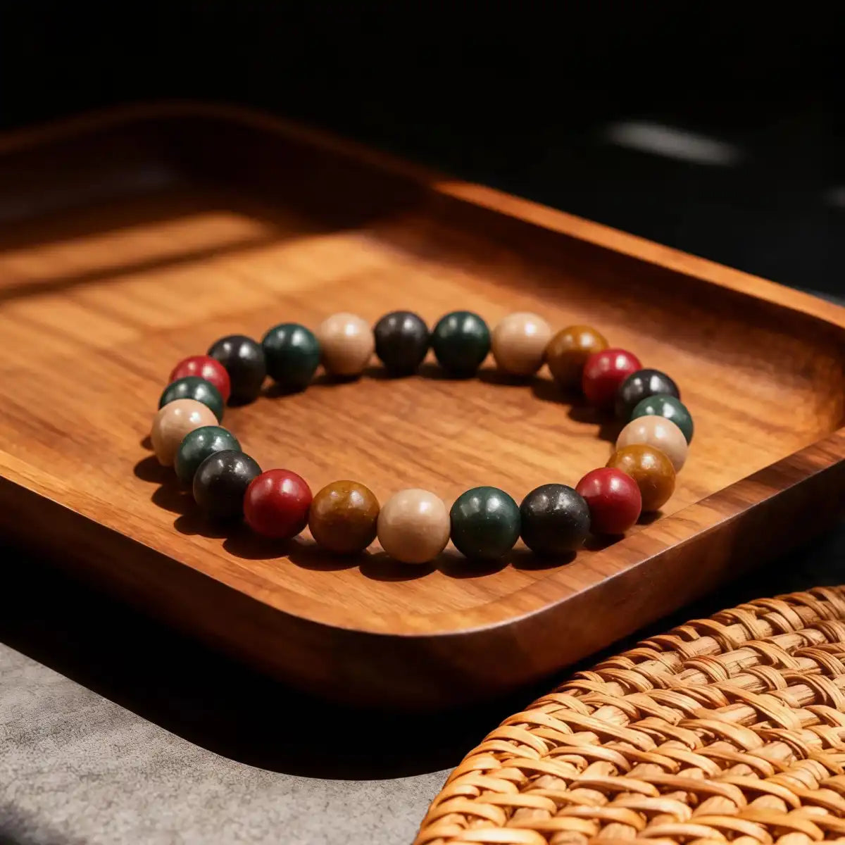 A multi-colored bead bracelet (red, green, black, yellow, white) resting on a wooden tray.