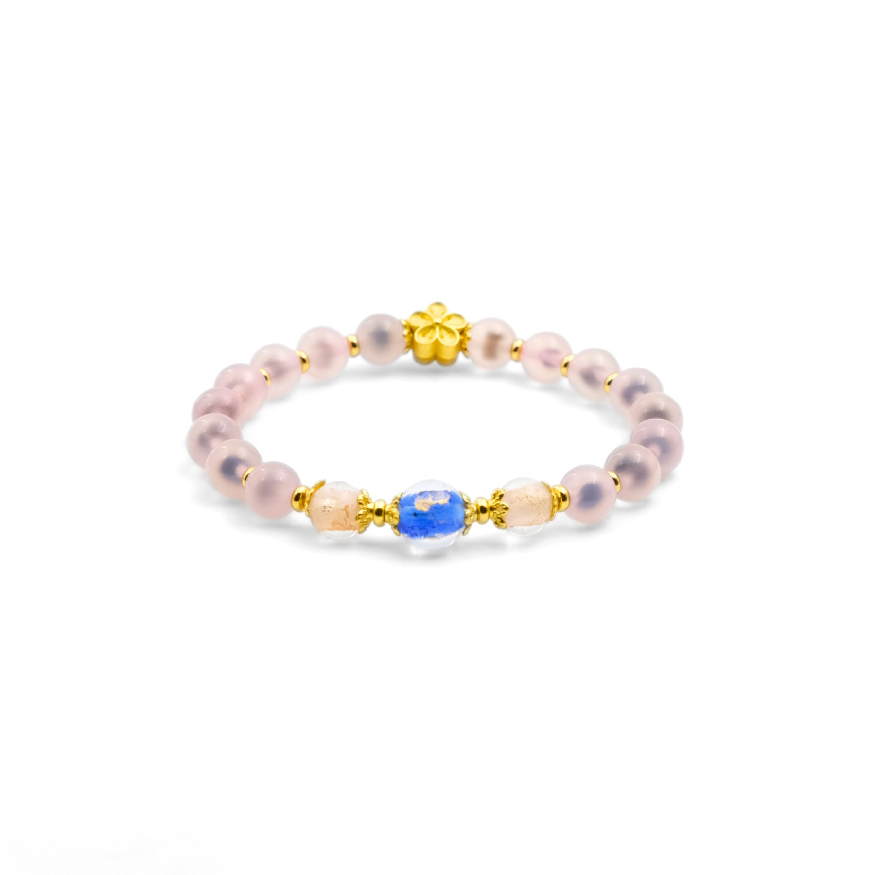A Tibetan Five Elements Flow Bracelet featuring soft - pink beads interspersed with golden accents. A prominent blue agate bead is centered among them, flanked by unique incense - glass beads. A golden plum blossom charm adds an elegant touch. This bracelet is believed to aid in emotional healing, attract wealth, and offer spiritual protection. 