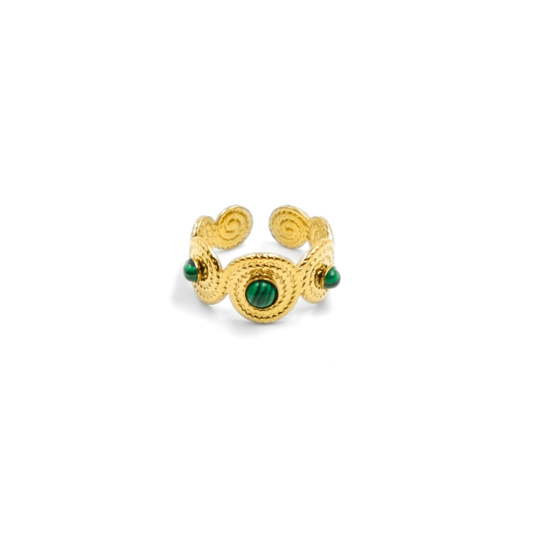 A Tibetan - style five - elements open ring with a golden - hued metal finish. It features intricate swirling patterns and is inlaid with malachite stones, intended to promote emotional healing and growth.
