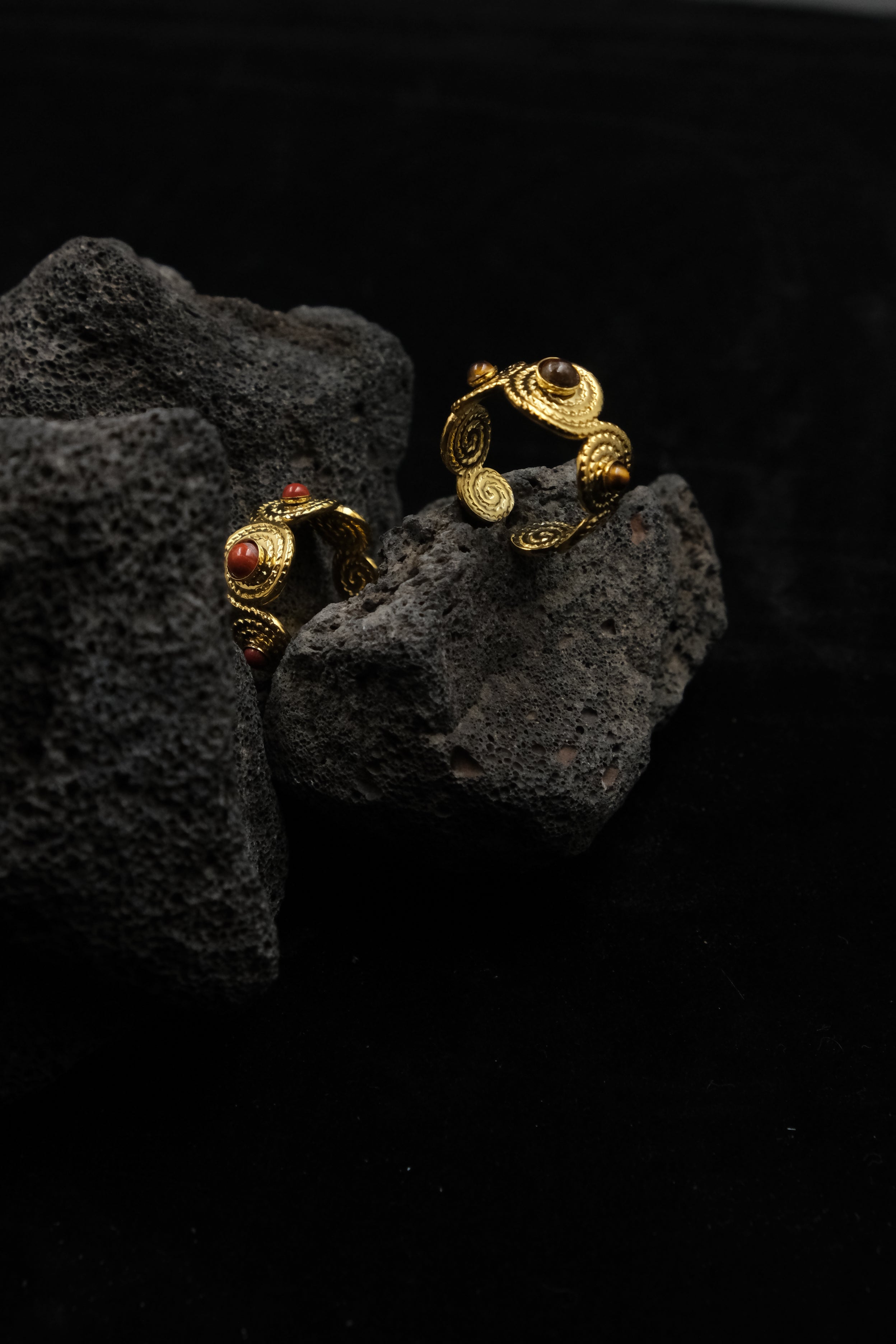 Tibetan Five Elements Ring – Tiger’s Eye for Success & Abundance on a dark textured surface