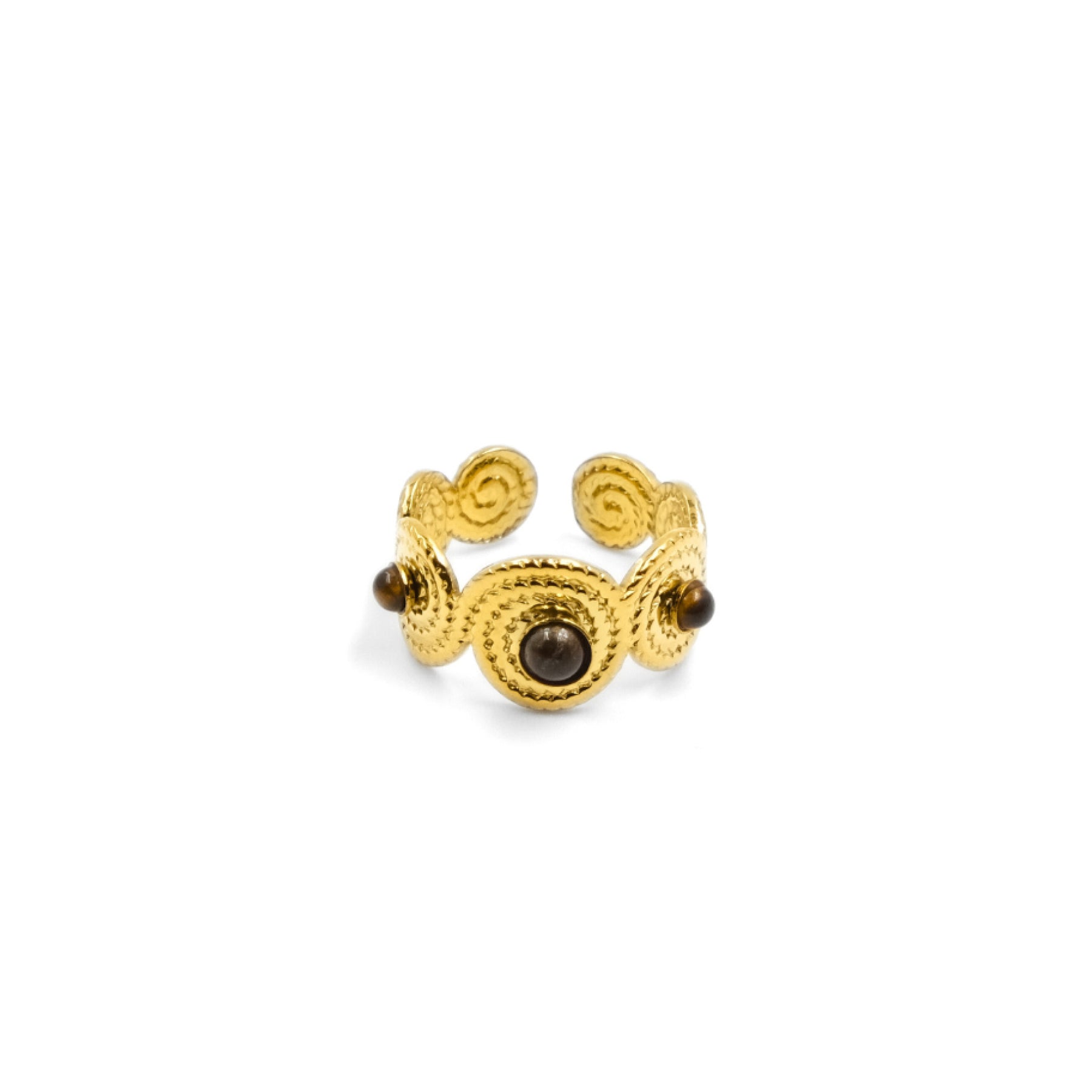 A Tibetan - style open - ended ring crafted from a golden - toned metal. It features intricate swirling patterns and is adorned with tiger's eye stones. These stones are believed to bring success and abundance, making the ring not only a stylish accessory but also a symbol of good fortune in achieving prosperity and goals. 