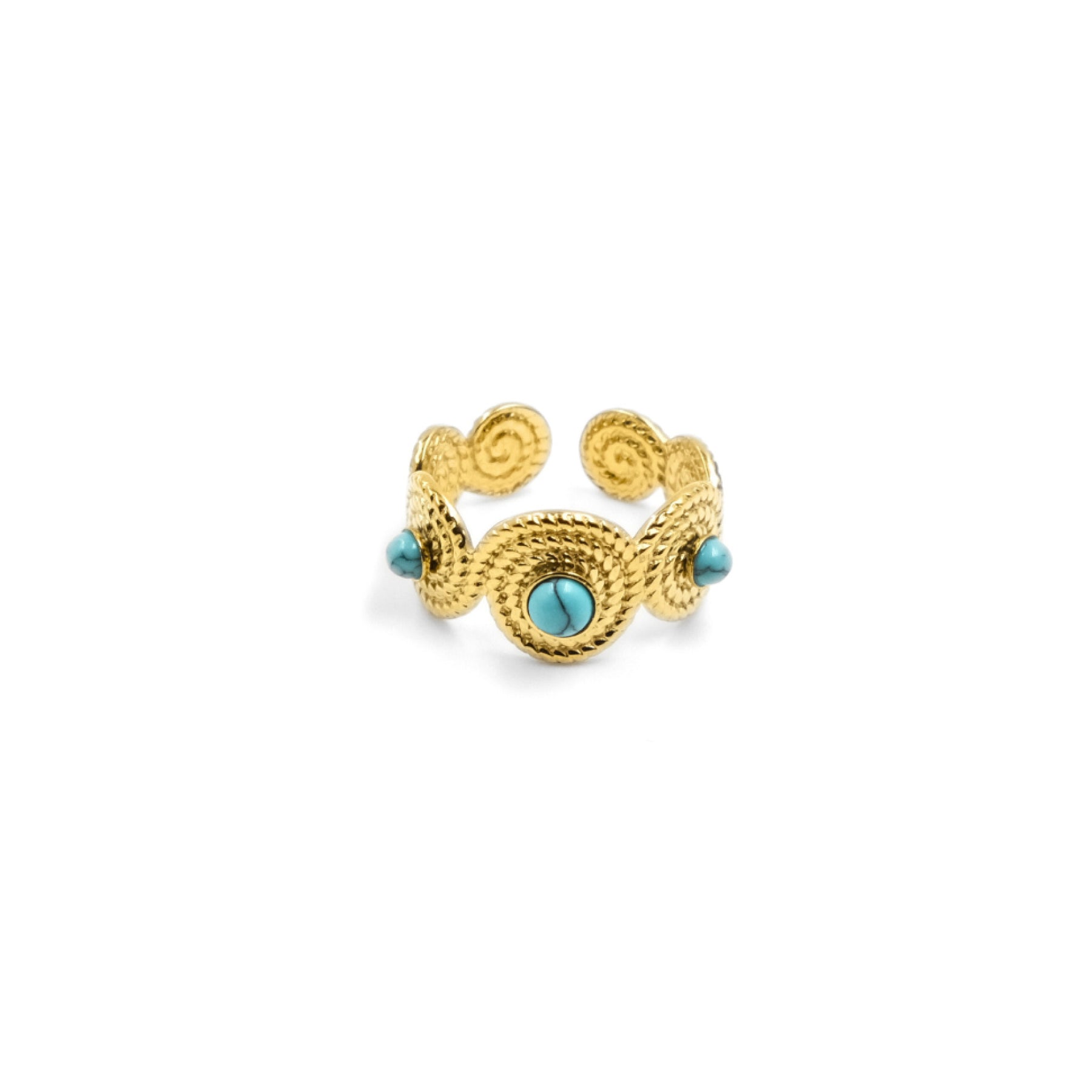 An open - ended Tibetan Five Elements ring with a golden - toned metal band. The band features intricate swirling patterns, and is adorned with turquoise stones. Turquoise is believed to offer protection and bring inner peace, making this ring a meaningful piece that combines both aesthetic charm and spiritual significance. 