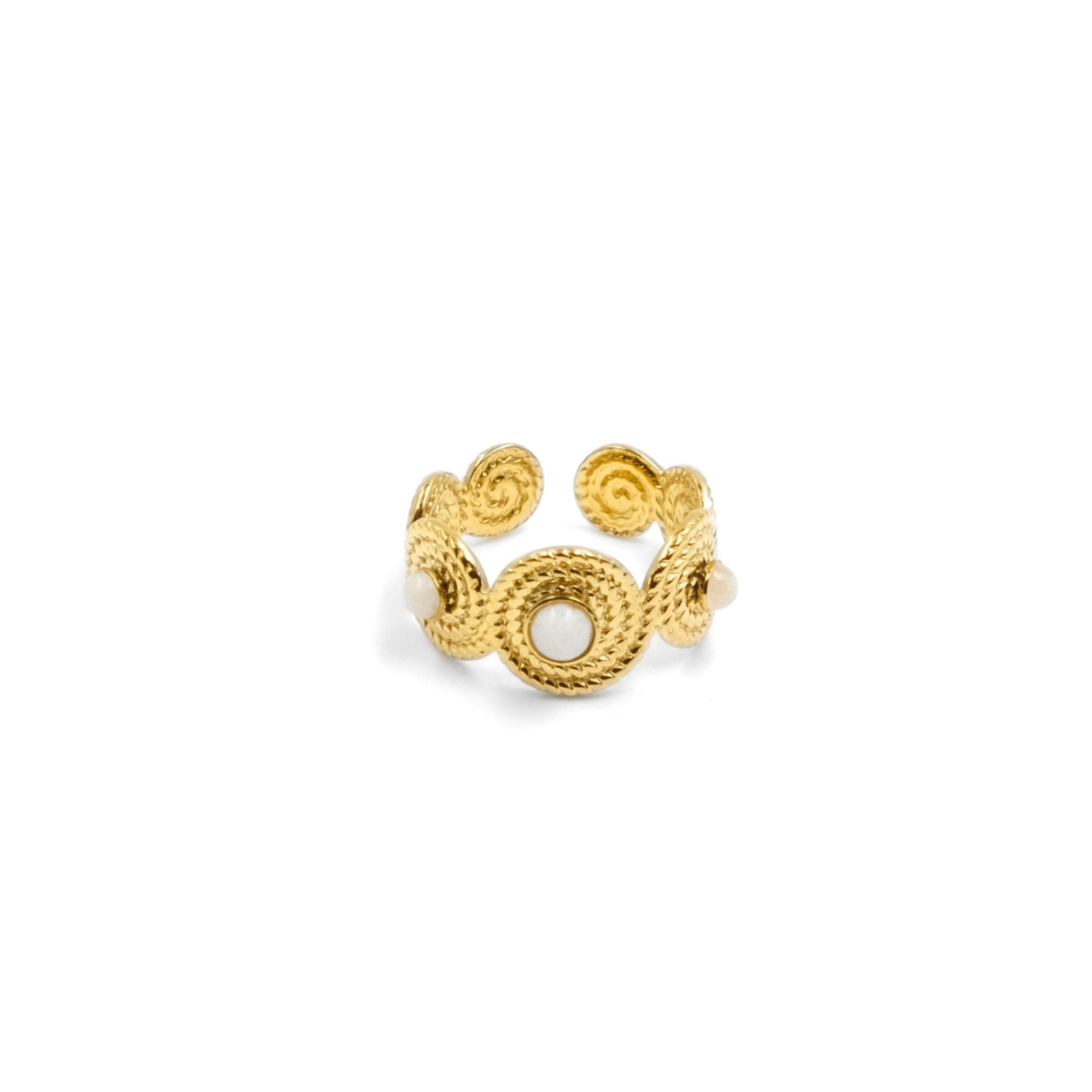 A Tibetan - style five - elements open ring with a golden - hued metal finish. It showcases intricate swirling patterns and is inlaid with white agate stones, intended to bring calm and spiritual balance.