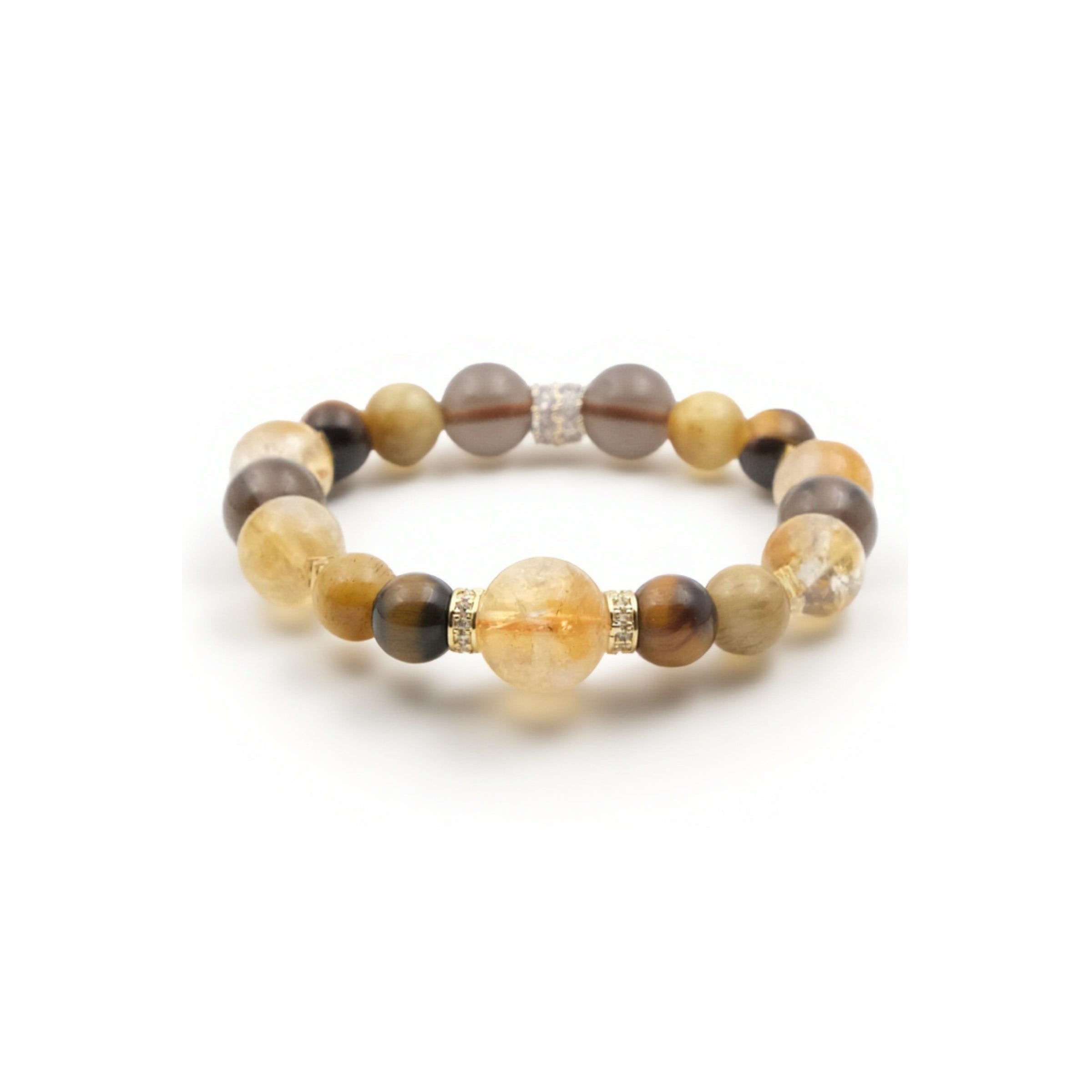 A Tibetan Goldwish Crystal Bracelet combining citrine and tiger eye beads. The citrine beads exhibit a warm, golden - yellow hue, while the tiger eye beads display earthy tones of brown and gold. Interspersed among the beads are elegant gold - toned, crystal - encrusted accents, adding a touch of luxury.