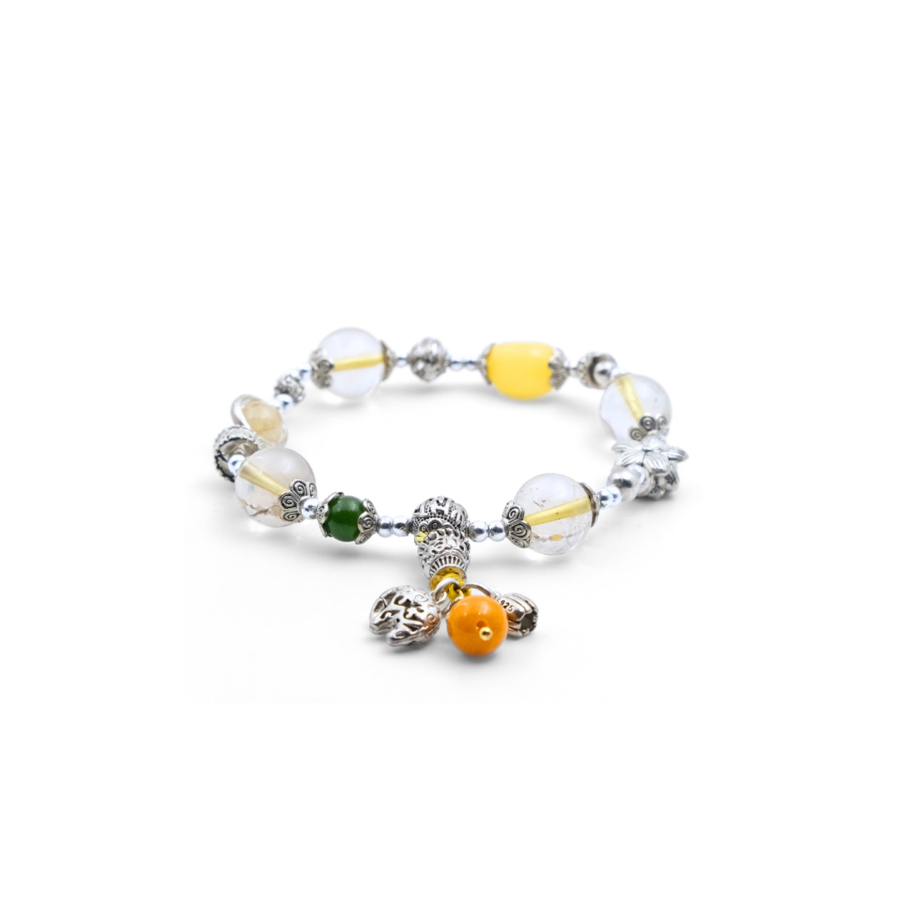 A Tibetan Mantra Crystal Energy Bracelet adorned with a mix of beads. The bracelet features translucent beads with golden inclusions, likely golden rutilated quartz, interspersed with various other beads, including a green bead, a yellow bead, and ornate silver - toned decorative pieces.