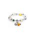 A Tibetan Mantra Crystal Energy Bracelet adorned with a mix of beads. The bracelet features translucent beads with golden inclusions, likely golden rutilated quartz, interspersed with various other beads, including a green bead, a yellow bead, and ornate silver - toned decorative pieces.