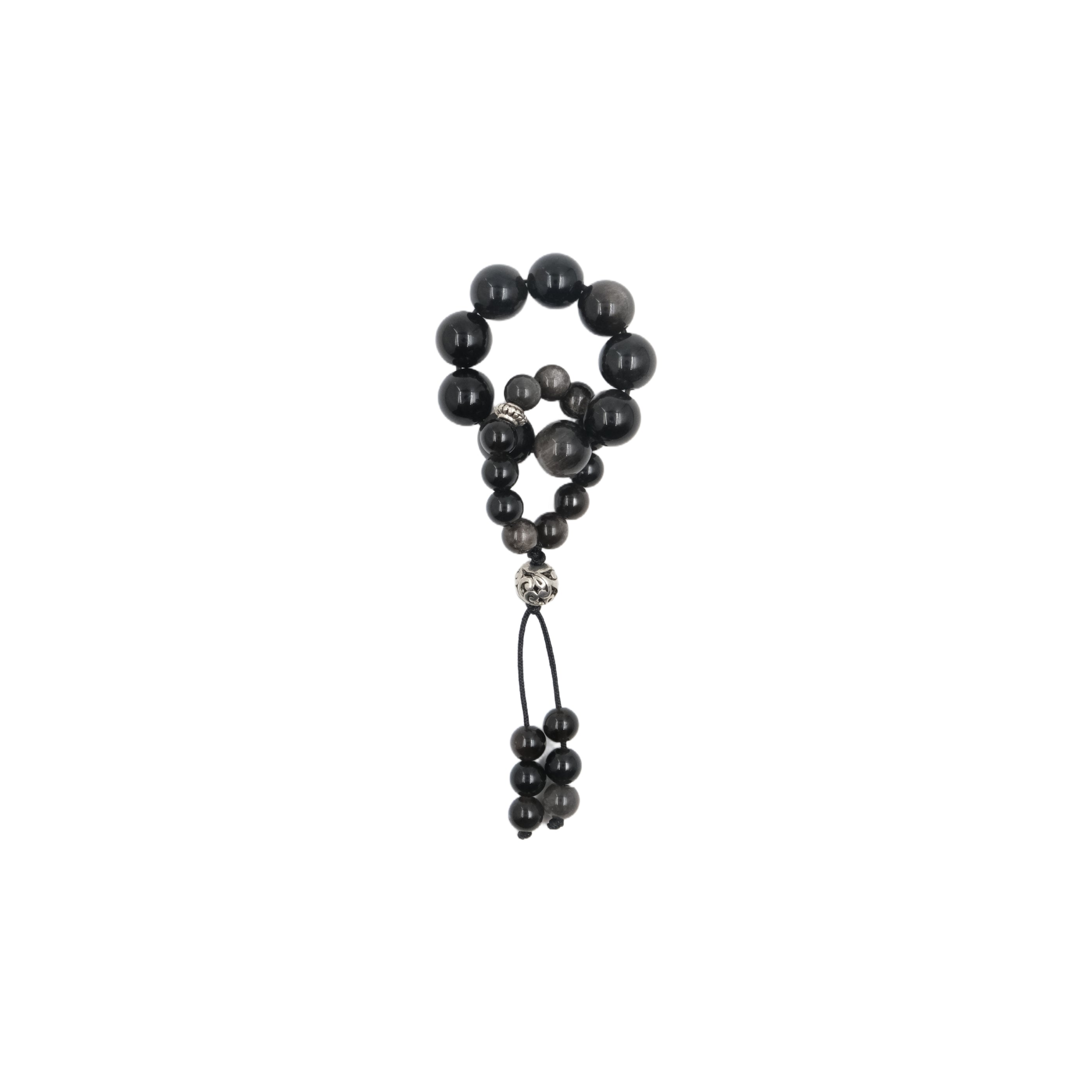 Tibetan Meditation Mala – Black Obsidian Handheld Prayer Spinner for Grounding, Protection & Calming Rituals, Black beaded rosary on a white background