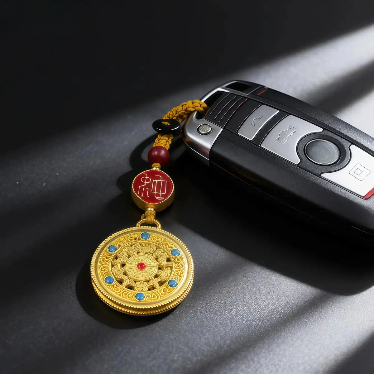 Tibetan zodiac prayer wheel keychain showing scale and usage