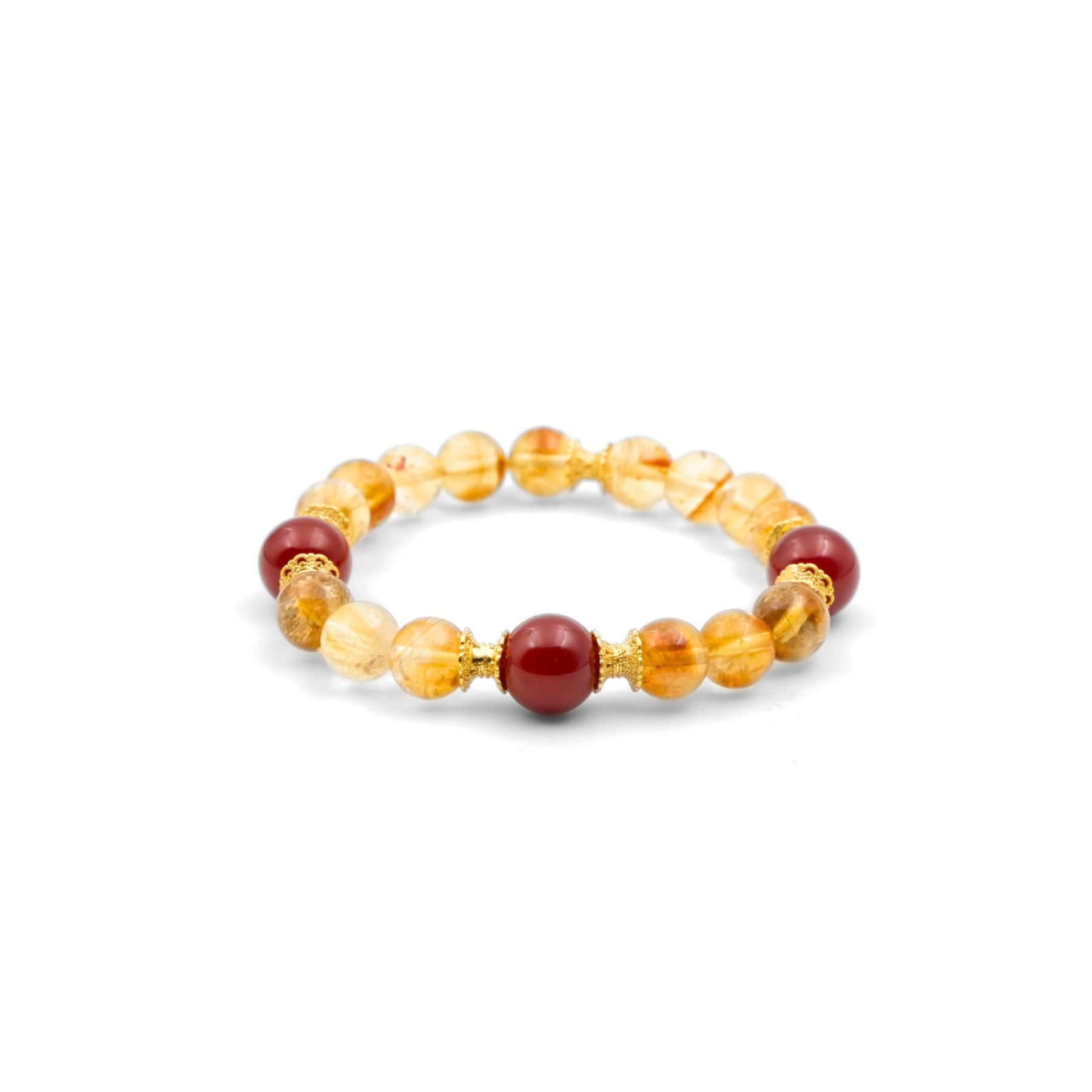 A Tibetan Prosperity Energy Bracelet, featuring a combination of yellow phantom quartz beads and red agate beads. The yellow phantom quartz beads have a translucent, golden - yellow hue, while the red agate beads provide a striking contrast with their deep red color. Gold - toned accents are placed between the beads, adding a touch of elegance. This bracelet is believed to attract wealth, offer protection, and aid in spiritual awakening. 