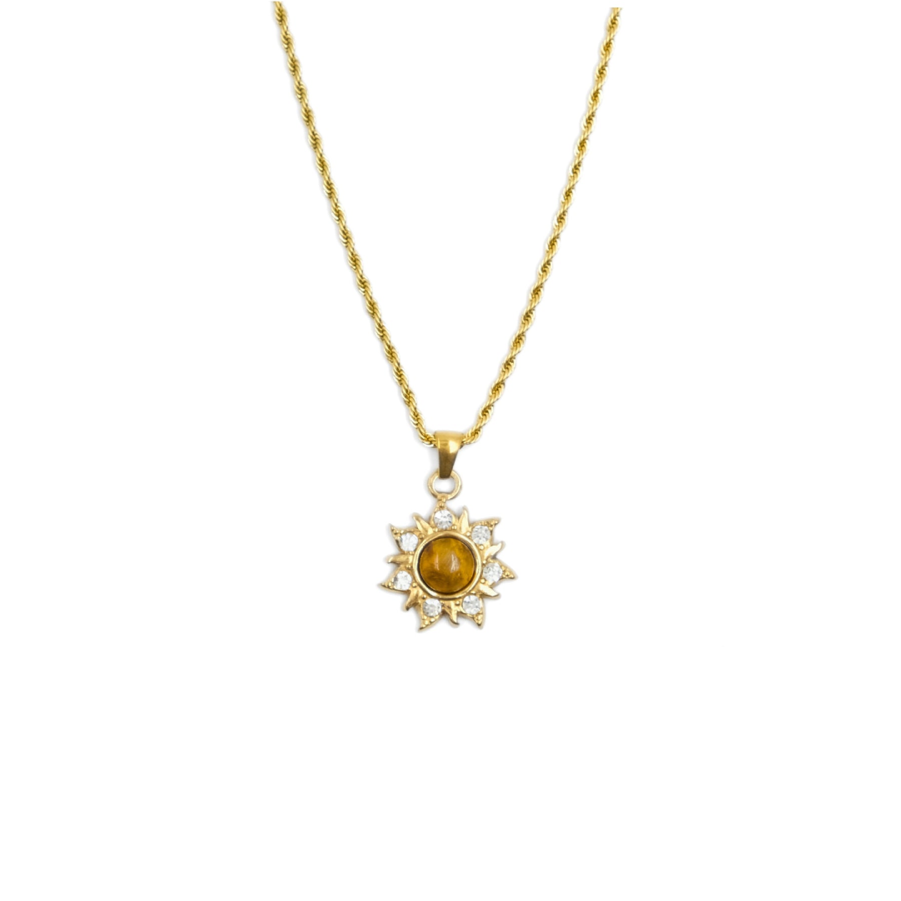Tibetan Sun Pendant necklace, Tiger’s Eye for Success & Abundance,  with a sun-shaped pendant on a white background