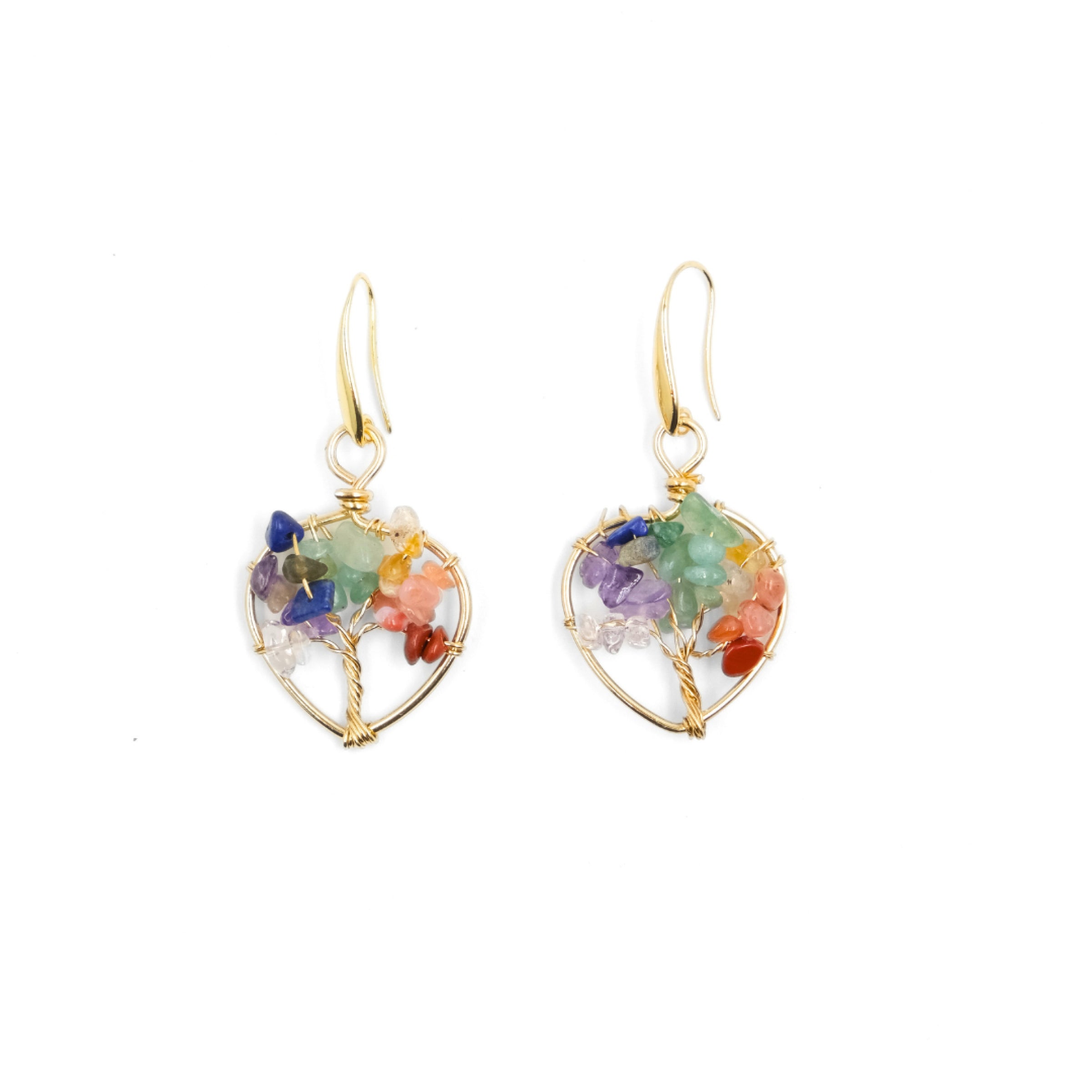 A pair of Tibetan Tree of Life Earrings, crafted in a delicate gold - toned wire framework shaped like a heart. The "branches" of the tree are adorned with an array of multi - colored crystals, including shades of blue, green, purple, orange, and red. These vibrant crystals are believed to infuse the wearer with vitality and offer protection, making the earrings both a stylish accessory and a symbol of positive energy. 