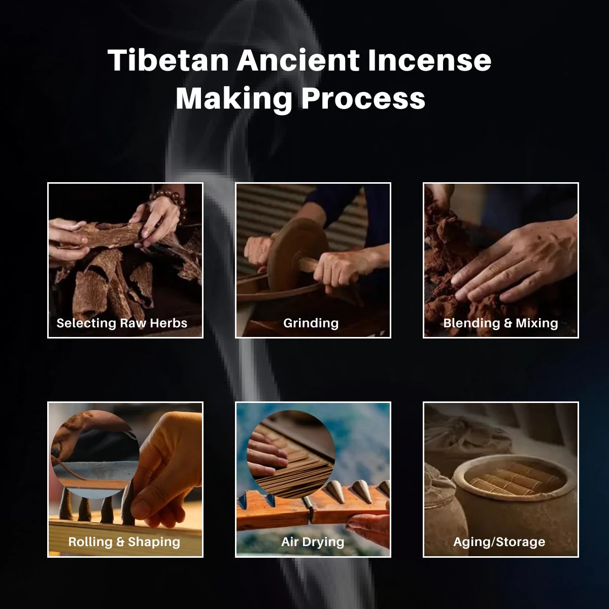 Step-by-step process of Tibetan ancient incense making on a dark background