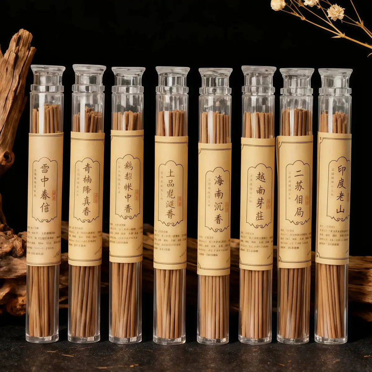 Row of Himalayan Handcrafted incense sticks in clear tubes with labels on a dark background
