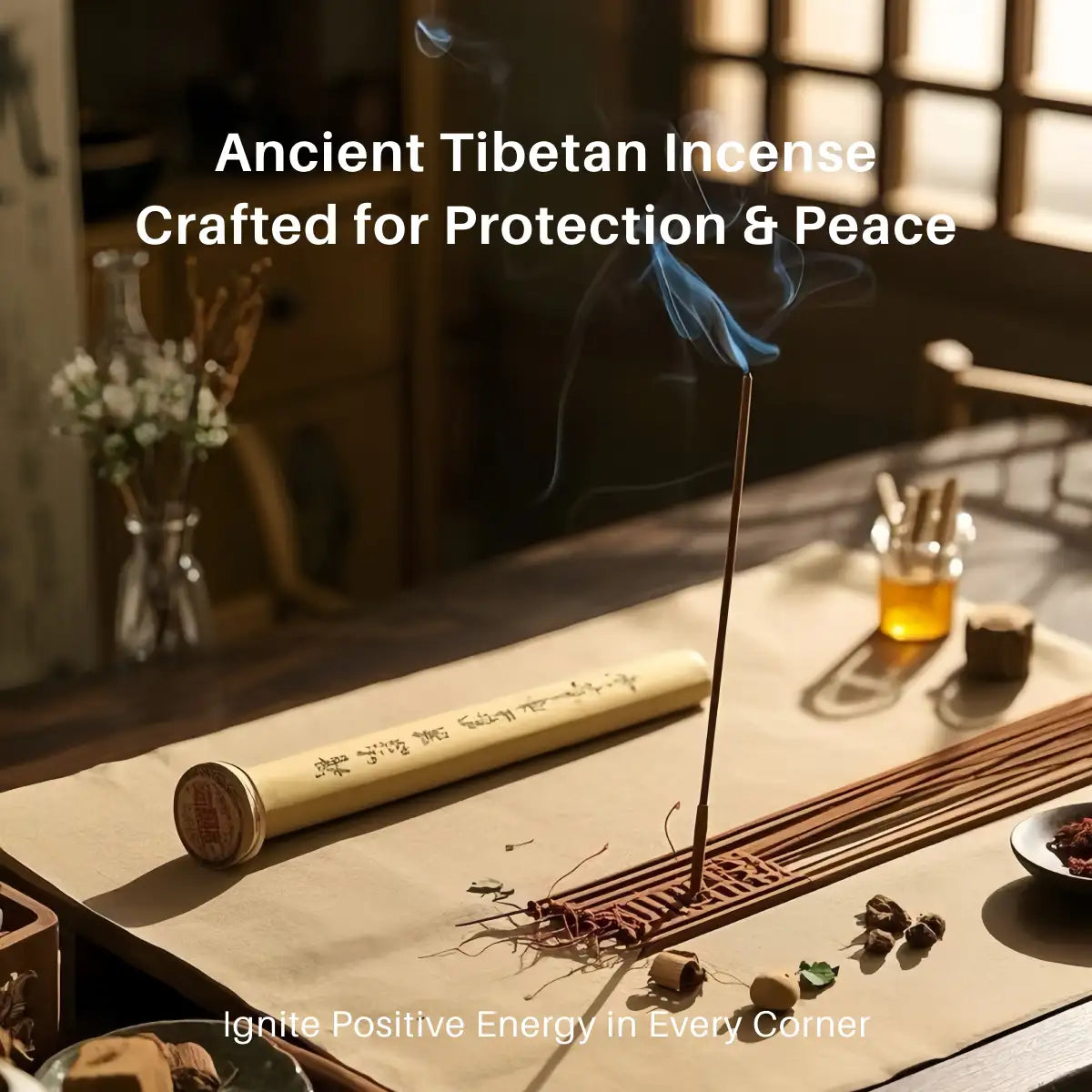 Himalayan Handcrafted Incense stick with smoke on a wooden surface with text about Tibetan incense.