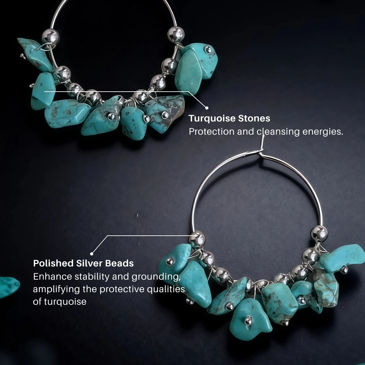 Turquoise stone and silver bead necklace on a dark background