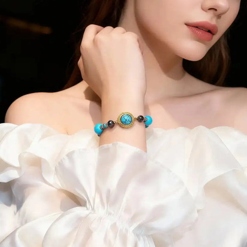 Golden flow turquoise bracelet worn on wrist, showing fit and style