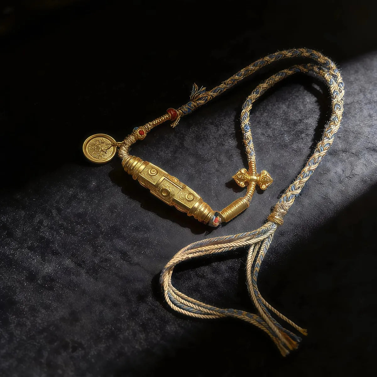 Wealth Blessing – Golden Dzi Bead & Yellow Jambhala Braided Necklace