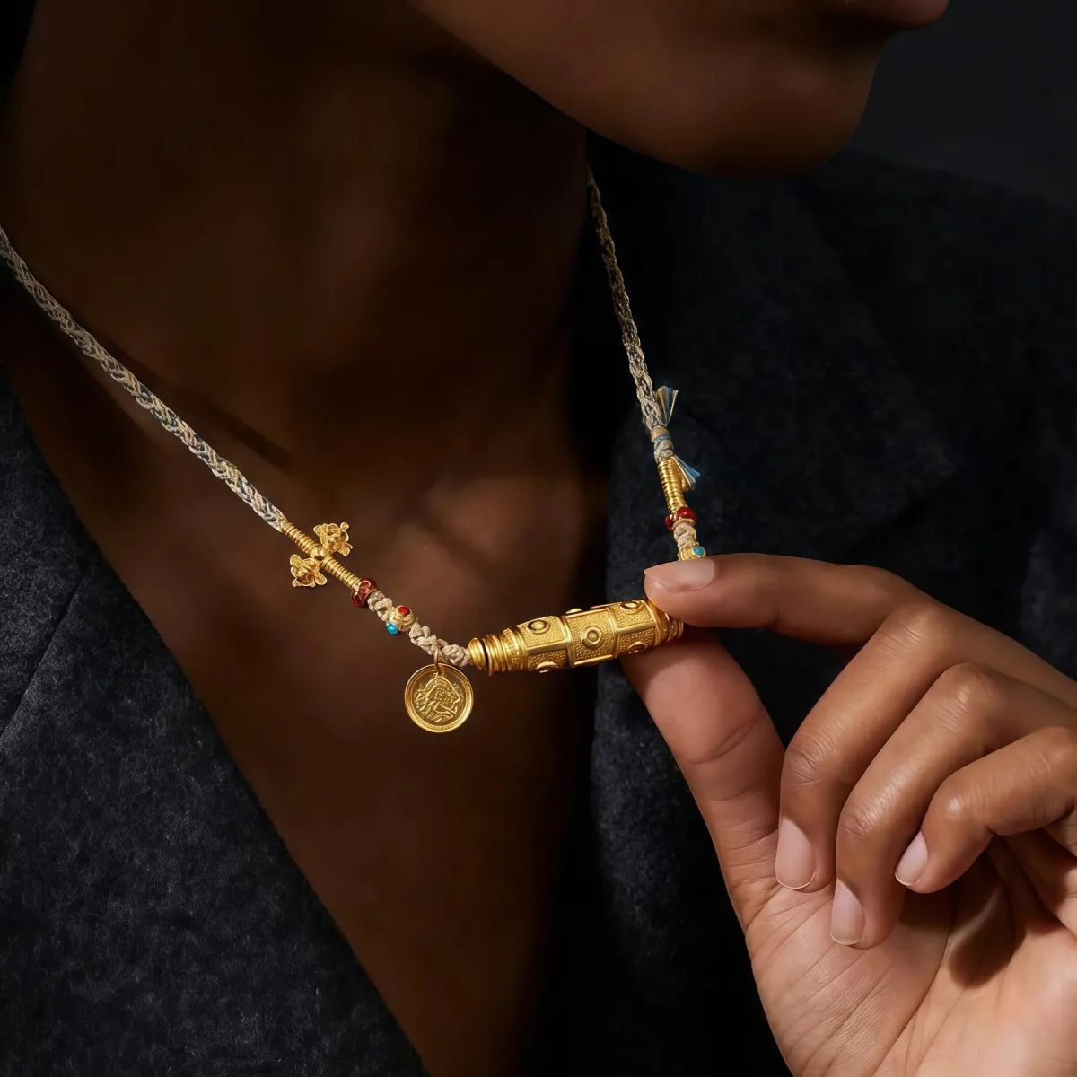 Wealth Blessing – Golden Dzi Bead & Yellow Jambhala Braided Necklace