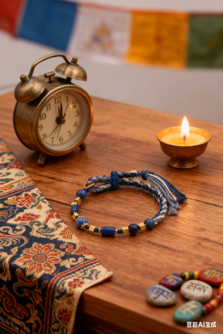 Vintage alarm clock, Lapis Lazuli Woven Bracelet, and stones on a wooden surface with a colorful fabric background.