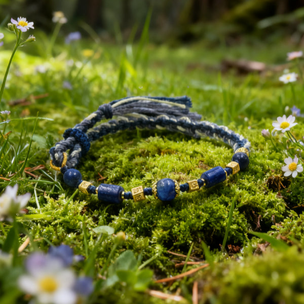 Lapis Lazuli Woven Bracelet with blue beads and gold accents on a grassy background