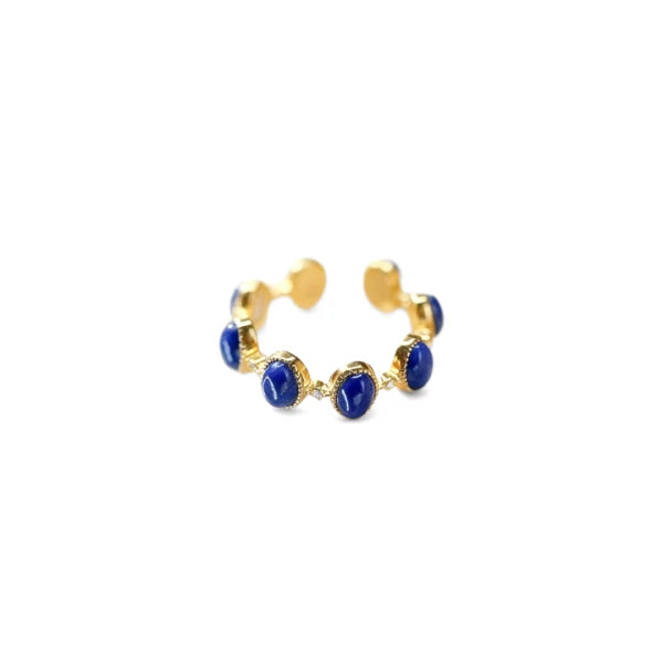 Gold and Tibetan Lapis Lazuli Open Ring on a white background