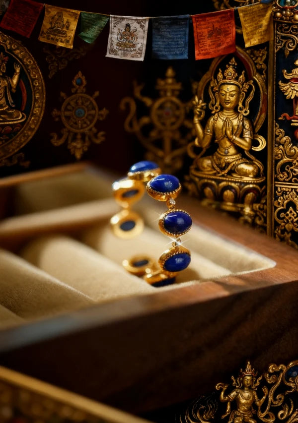Gold and Lapis Lazuli Open Ring with religious statues and prayer flags in the background