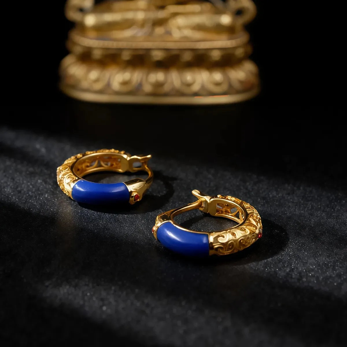 Lapis Lazuli Vintage Hoop Earrings on a dark surface