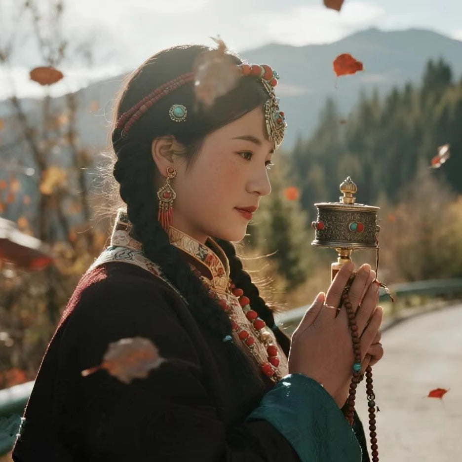 Woman in traditional attire holding prayer wheels with autumn scenery in the background