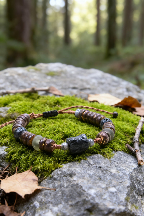 Rustic handmade bracelet featuring natural wood beads, gray stone, black lava rock, and green glass beads, strung on copper cord and styled in an autumn forest scene.