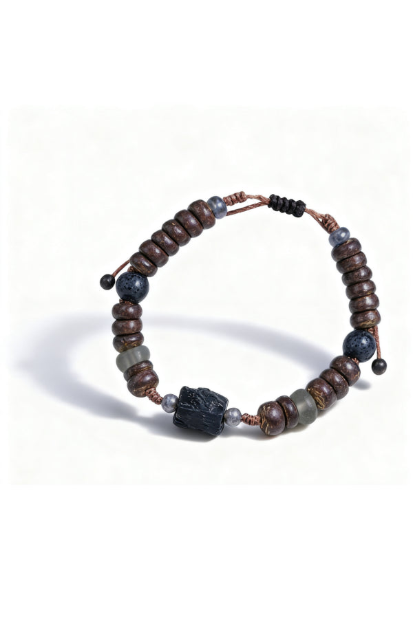 Beaded bracelet with various colored beads on a white background