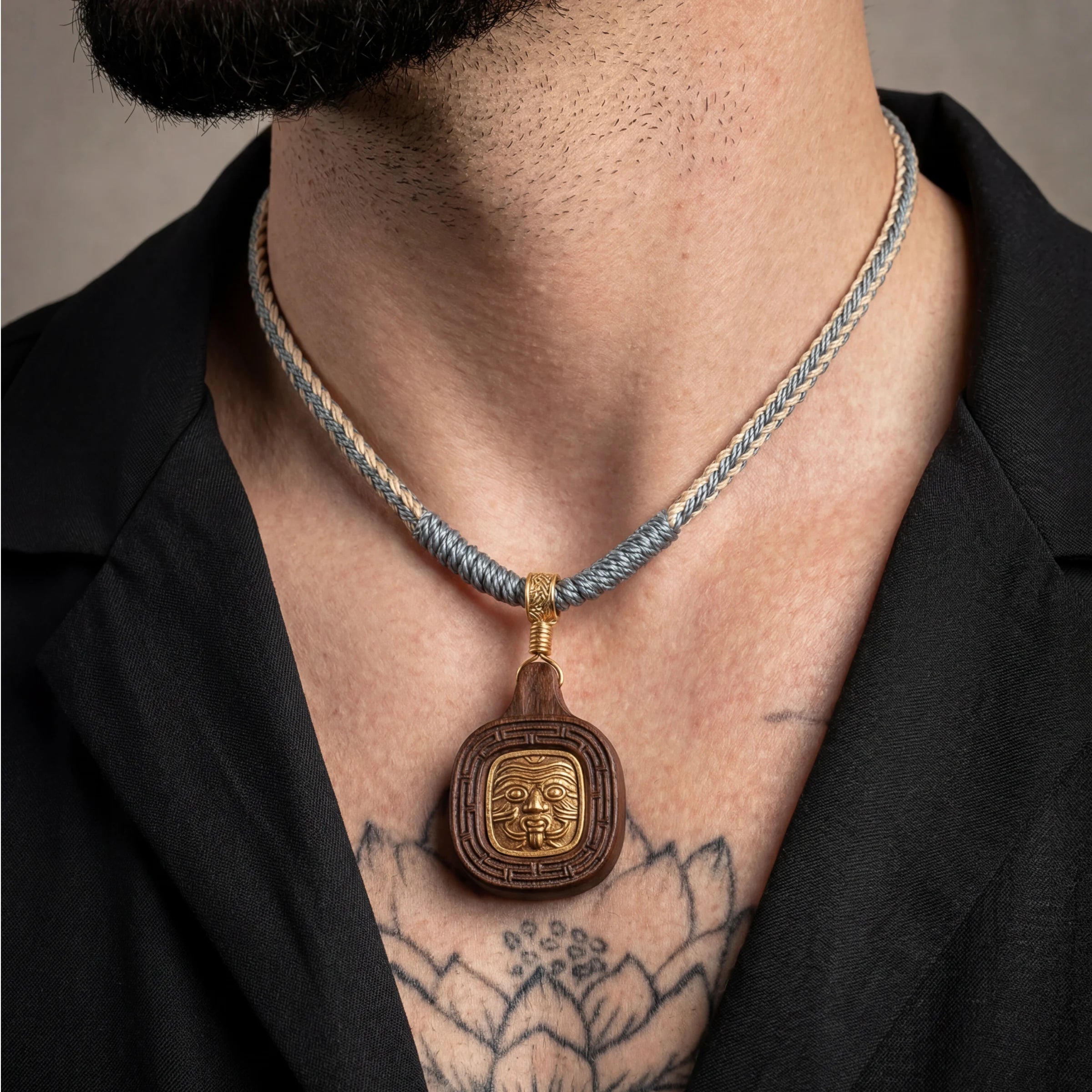 Wealth Blessing – Handwoven Tibetan Zashi Lhamo Wood Carving Necklace