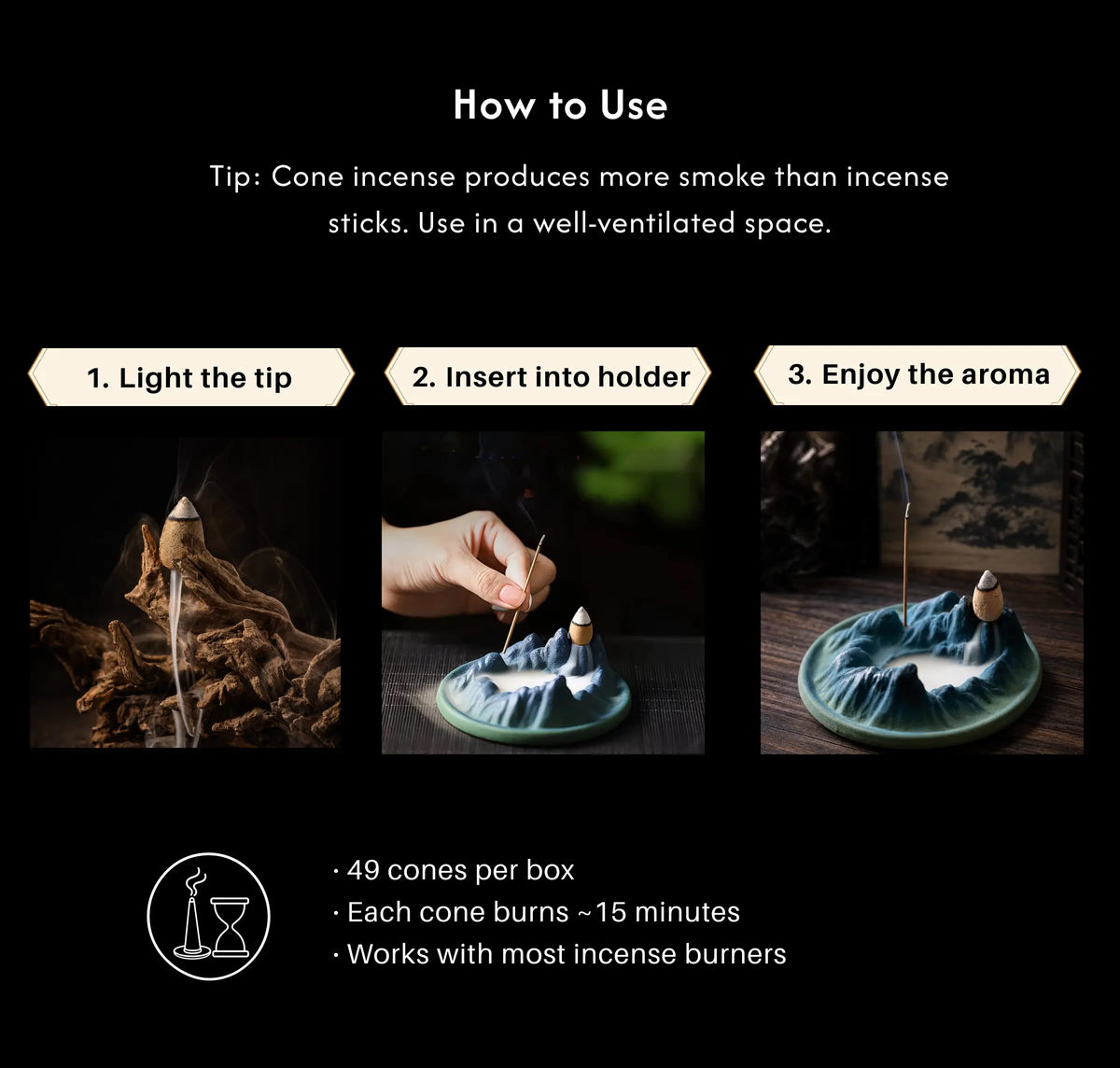 Calm & Balance – Tibetan Natural Backflow Incense Cones description 4