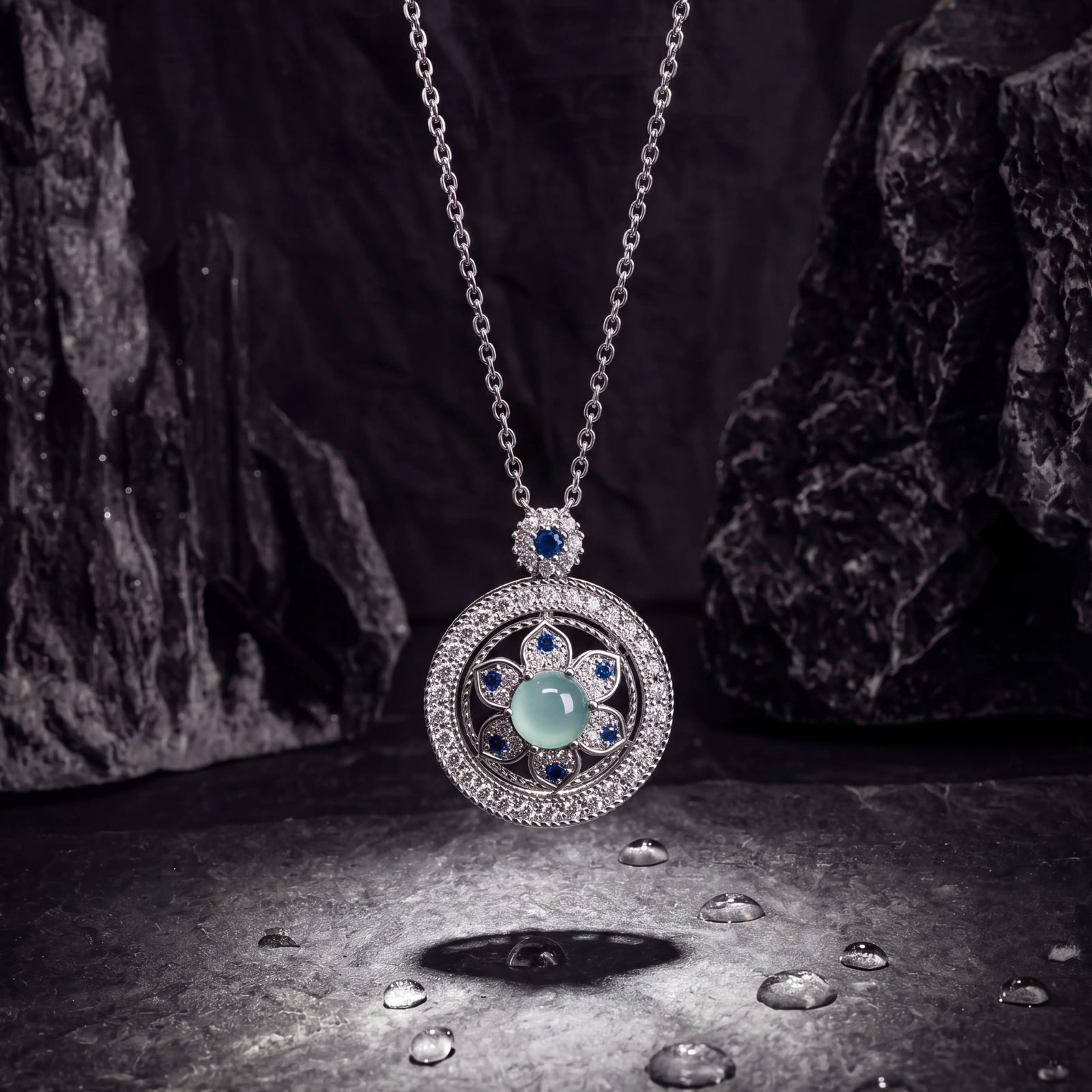 Protection & Blessings – Ice Blue Rotating Eight-Treasure Compass Necklace