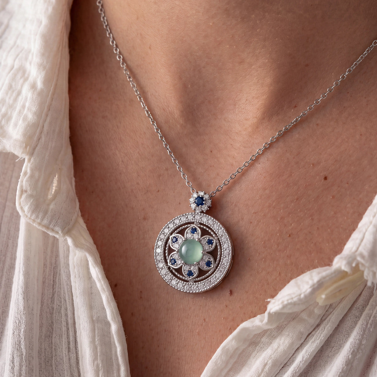 Protection & Blessings – Ice Blue Rotating Eight-Treasure Compass Necklace