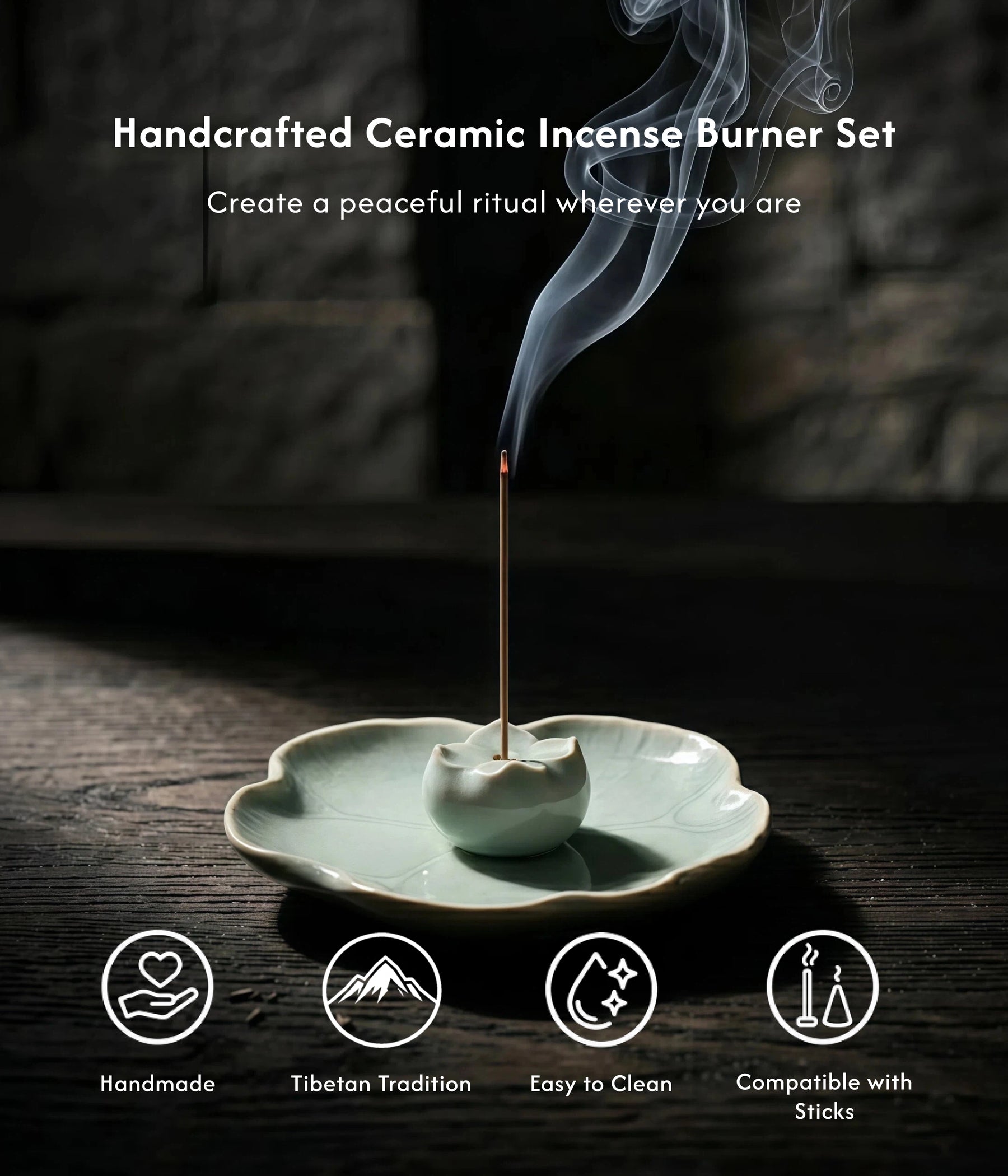 Manifestation & Purity - Celadon Crackle Glaze Persimmon & Lotus Incense Holder Set (Includes Incense Sticks) description 1