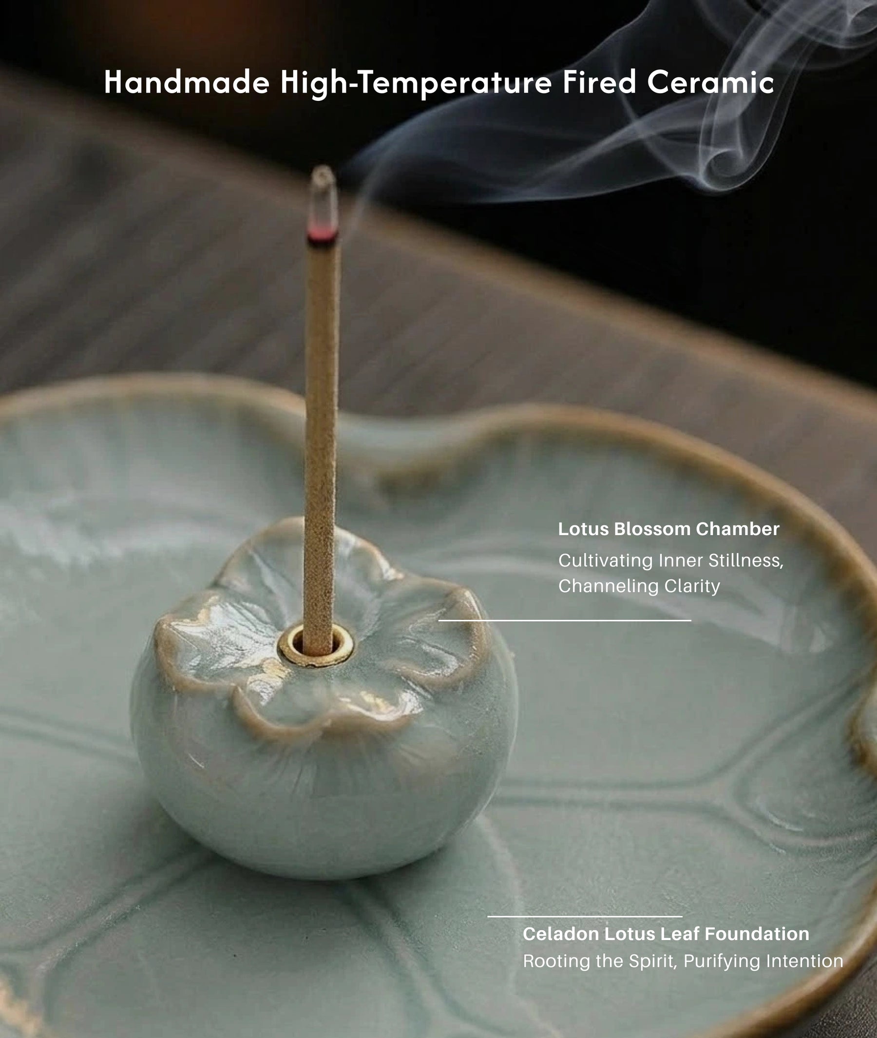 Manifestation & Purity - Celadon Crackle Glaze Persimmon & Lotus Incense Holder Set (Includes Incense Sticks) description 3