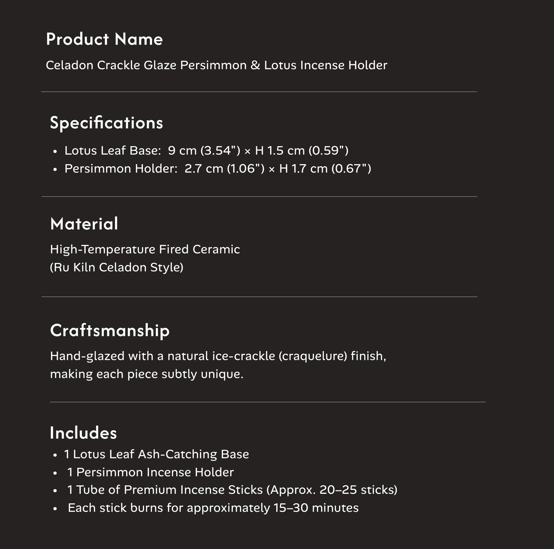 Manifestation & Purity - Celadon Crackle Glaze Persimmon & Lotus Incense Holder Set (Includes Incense Sticks) item details