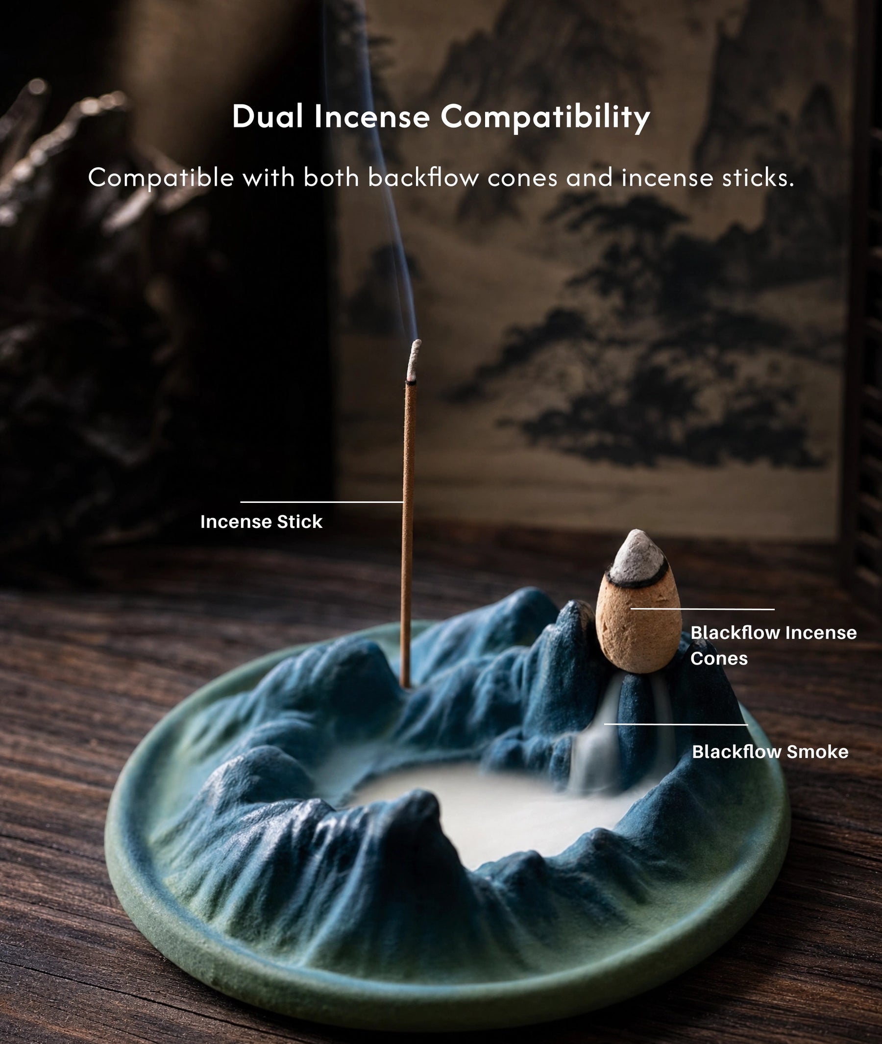 Balance & Serenity Burner Set (Includes Incense Cones) - Tibetan Landscape Backflow Incense Burner description 4