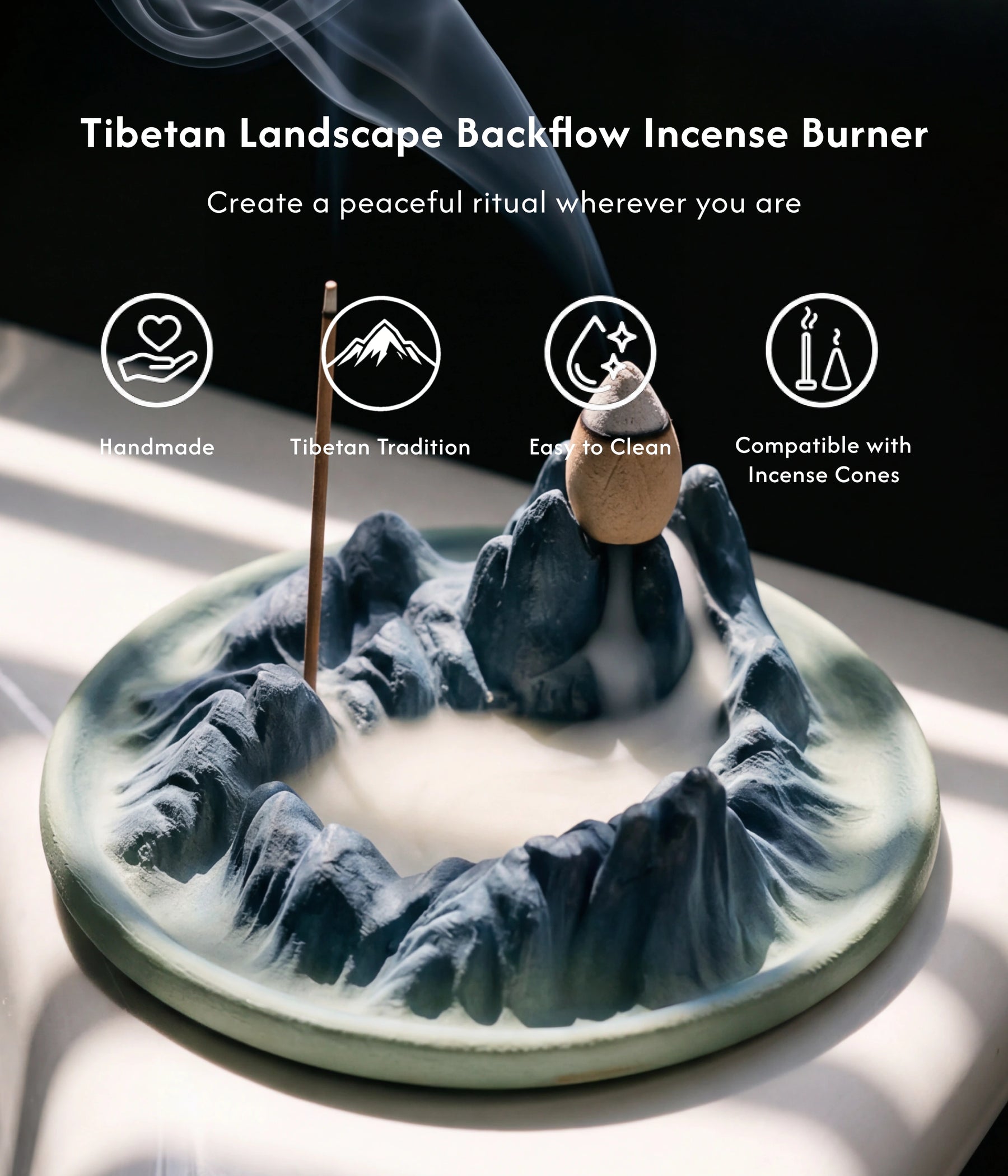 Balance & Serenity Burner Set (Includes Incense Cones) - Tibetan Landscape Backflow Incense Burner description 1