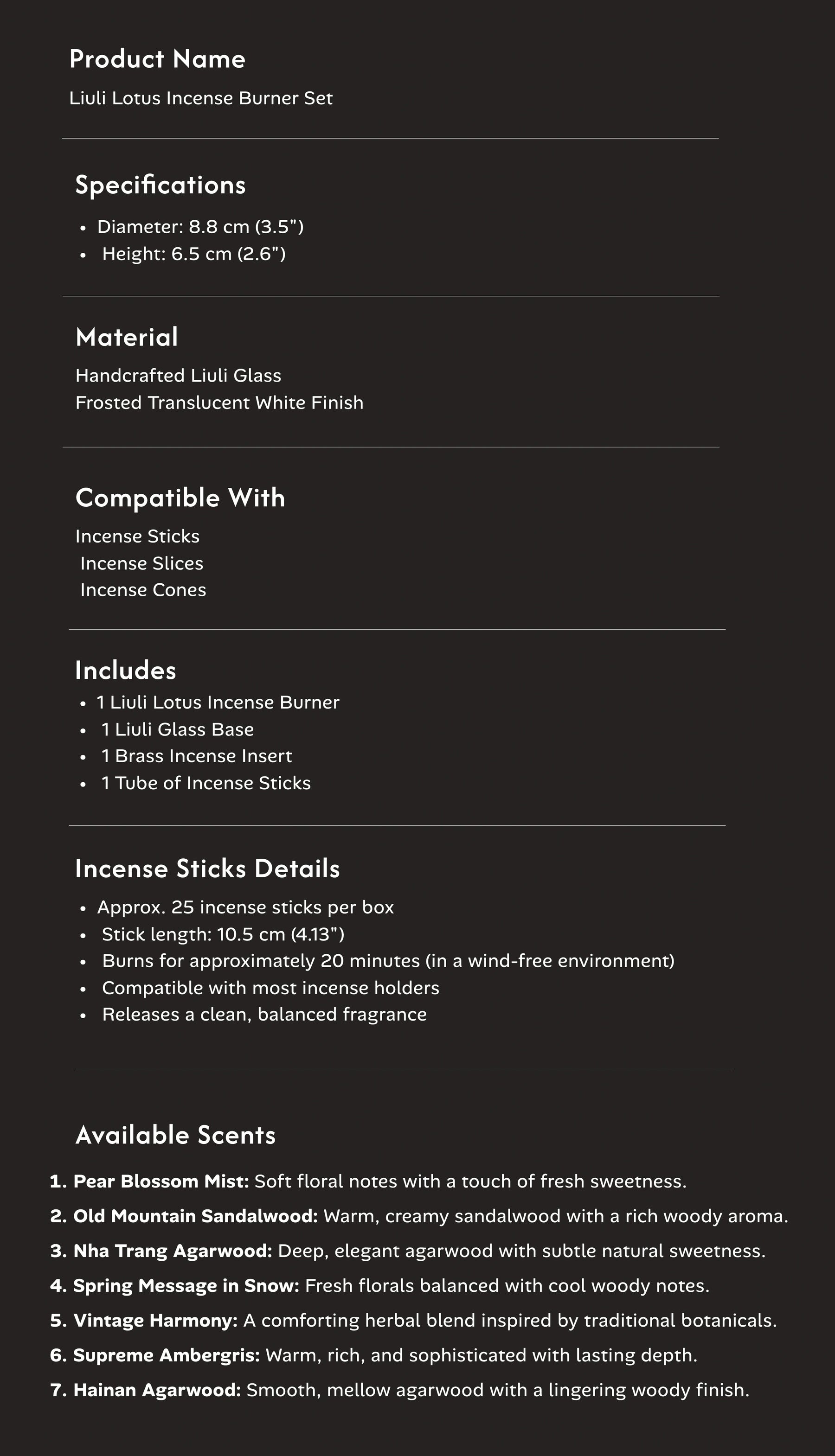 Purity & Awakening Burner Set (Includes Incense Sticks) - Liuli Lotus Incense Burner item details