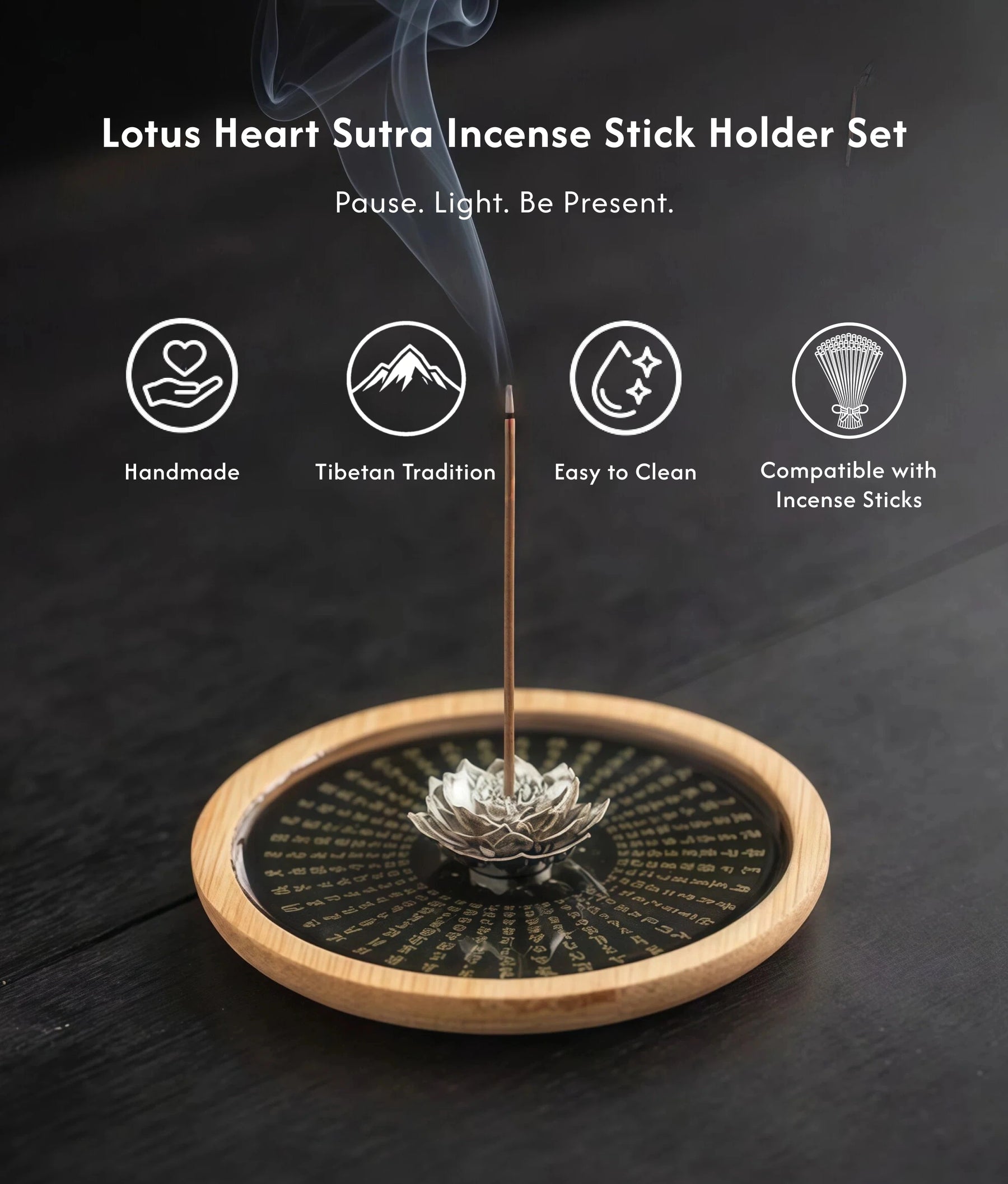 Stillness & Wisdom - Lotus Heart Sutra Incense Holder (Includes Incense Sticks) description 1