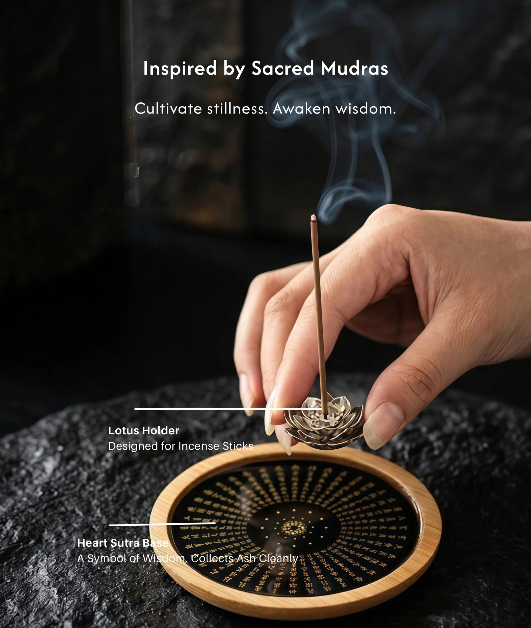 Stillness & Wisdom - Lotus Heart Sutra Incense Holder (Includes Incense Sticks) description 3