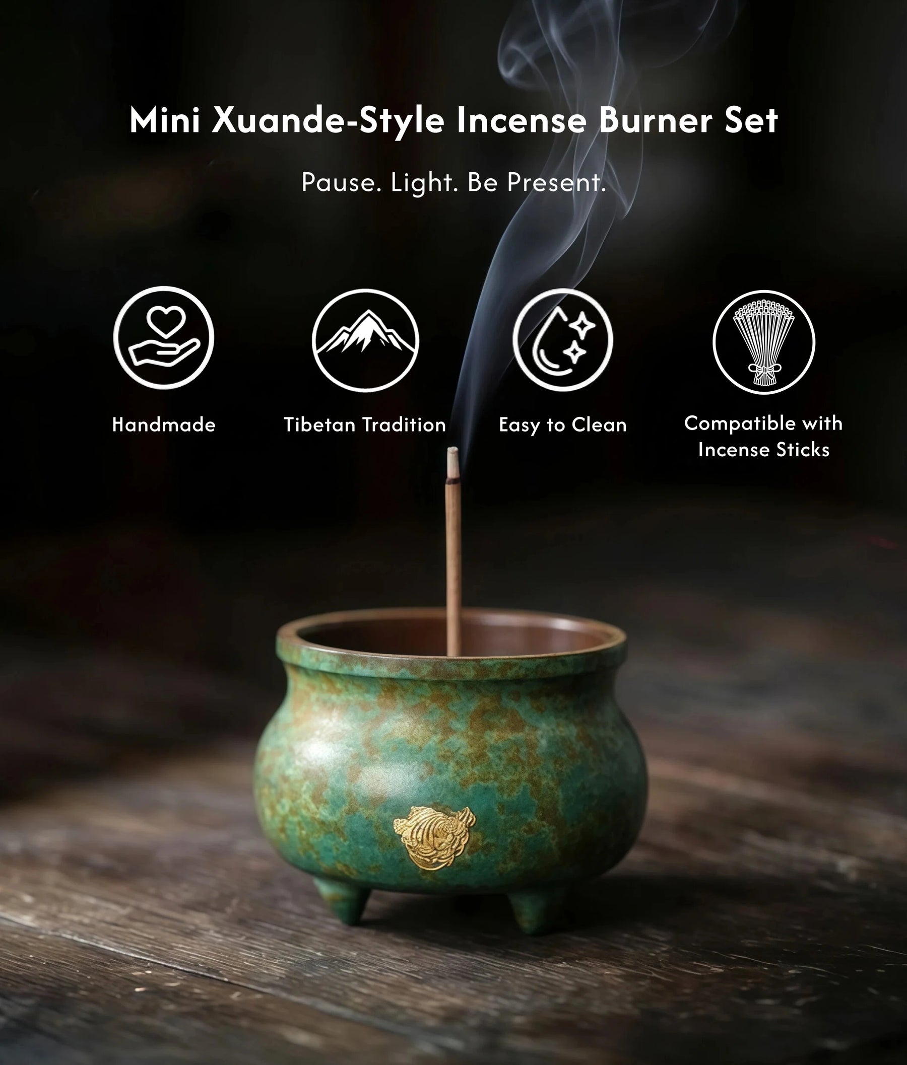 Prosperity & Serenity - Mini Xuande-Style Incense Burner Set (Includes Incense Sticks) description 1