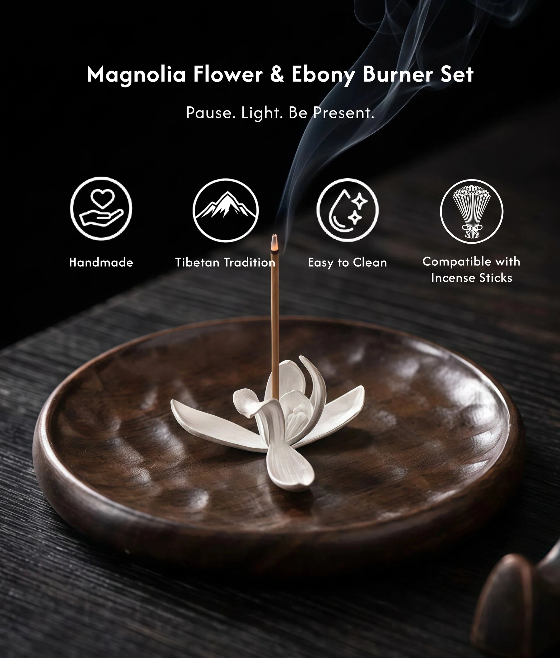 Stillness & Bloom - Magnolia Flower & Ebony Incense Burner Set (Includes Incense Sticks) description 1