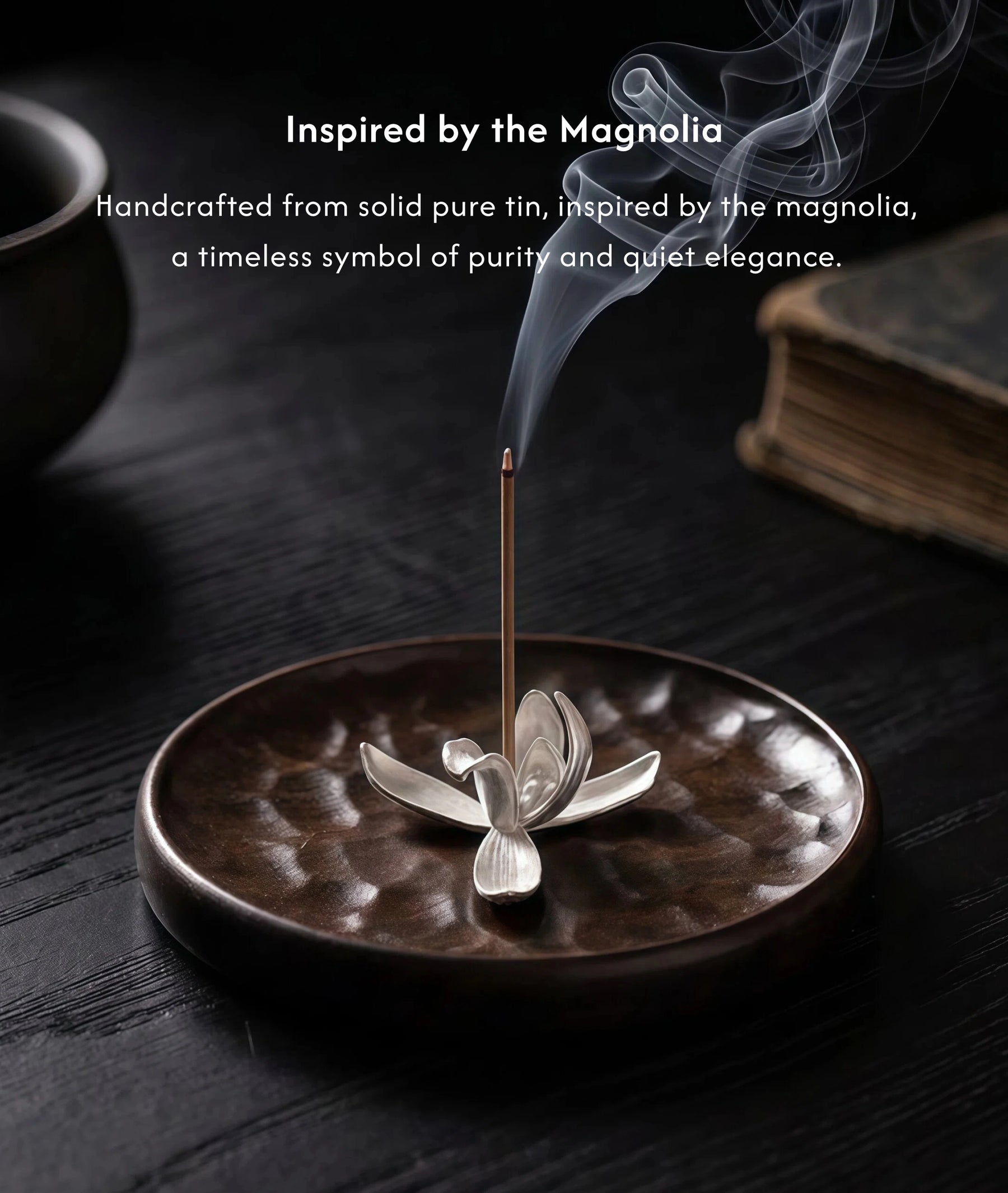 Stillness & Bloom - Magnolia Flower & Ebony Incense Burner Set (Includes Incense Sticks) description 3