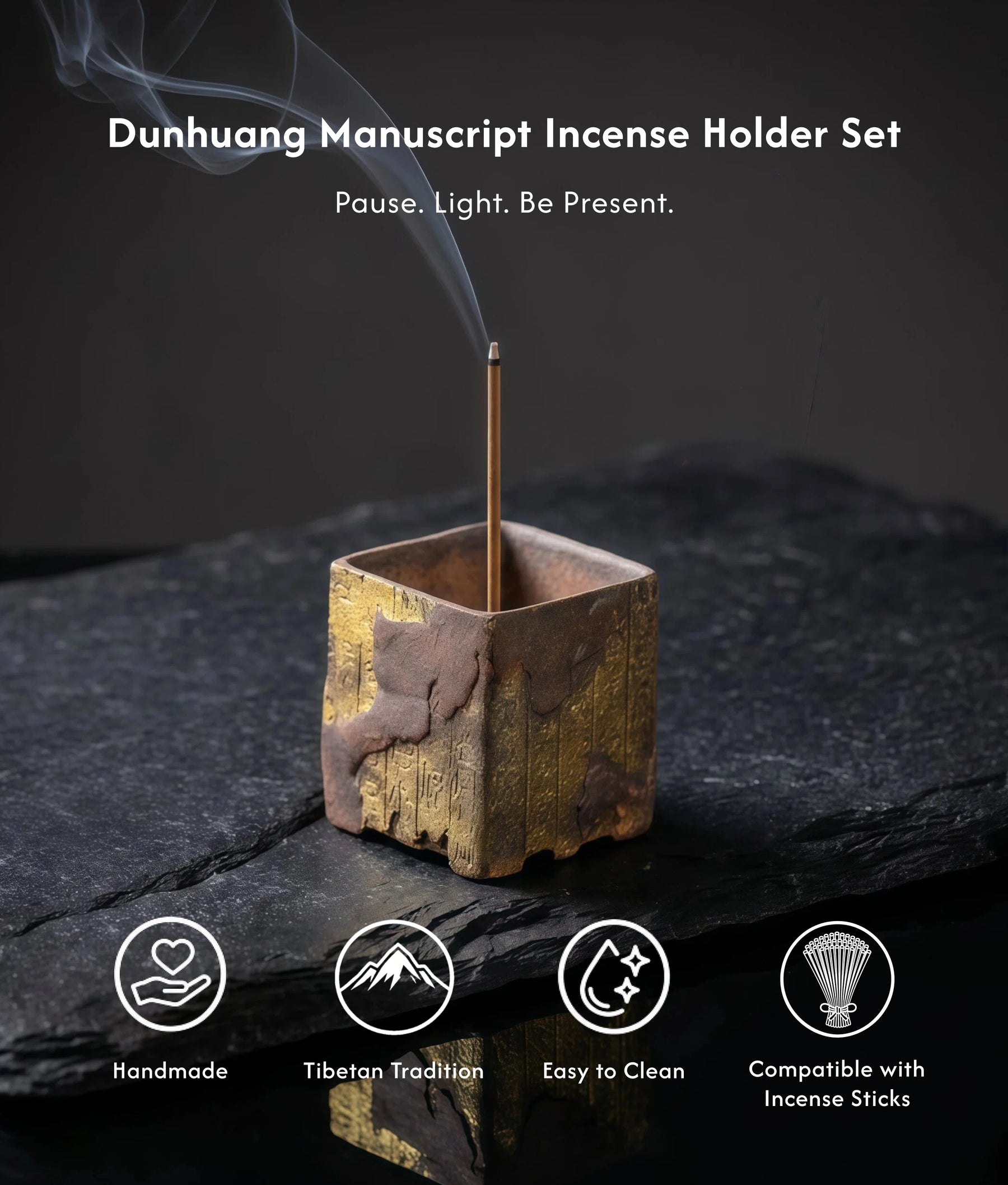 Wisdom & Spirit - Dunhuang Manuscript Incense Holder Set (Includes Incense Sticks) description 1